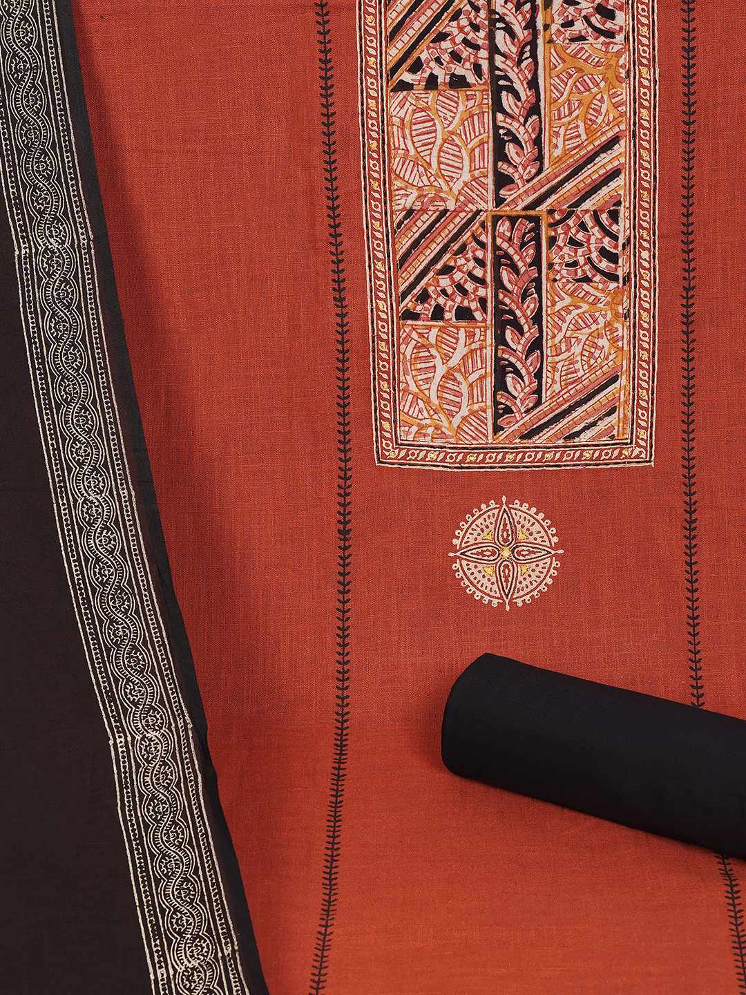 Unstitched Cotton Dress Material with kalamkari Yoke, thread work & Printed Dupatta.(Rust)