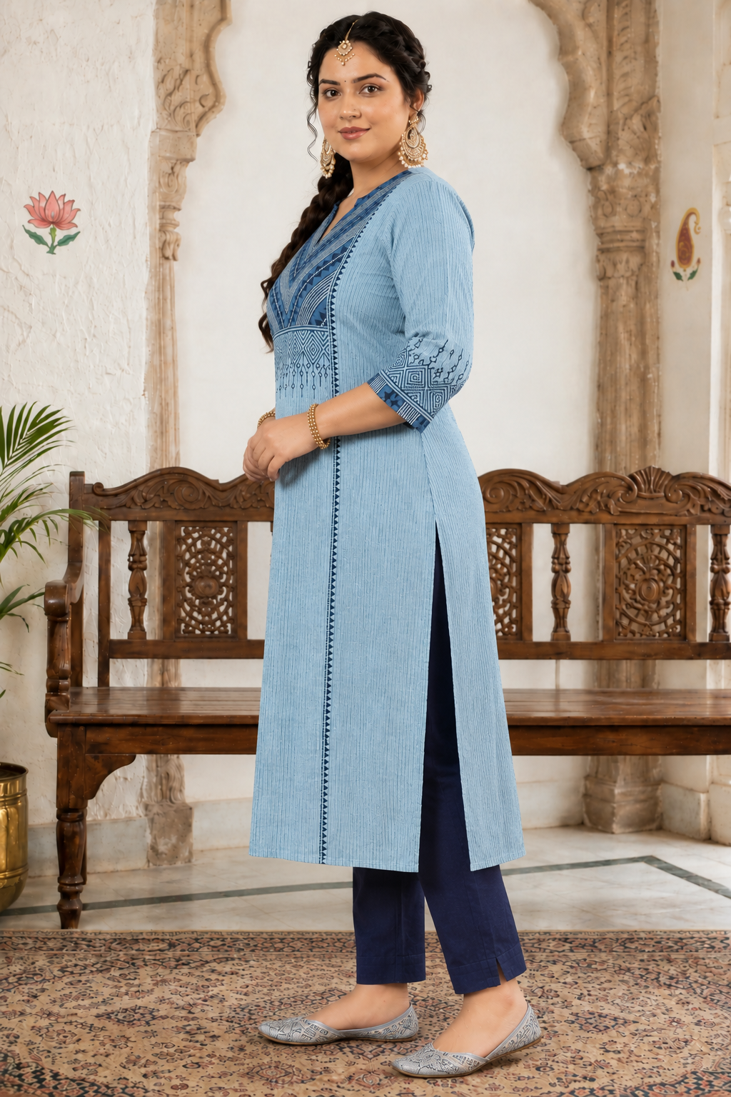 Plus size- Cotton Striped Straight Kurta Featuring Dabu Print Yoke, Block Print and Hand Embroidery Detail
