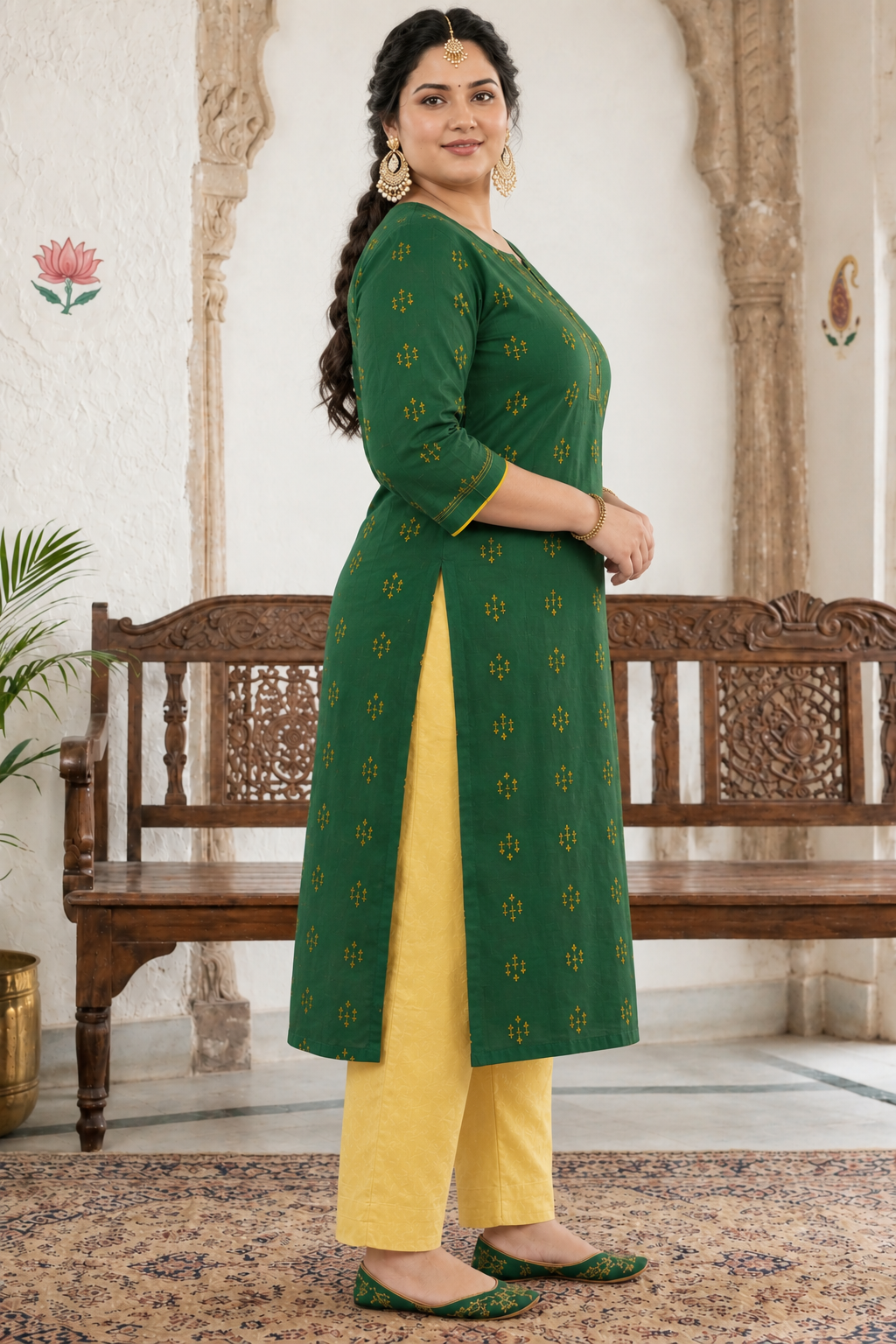 Plus size- Elegant Straight Fit Cotton Dobby Kurta with Hand Embroidery and Mirror Embellishment