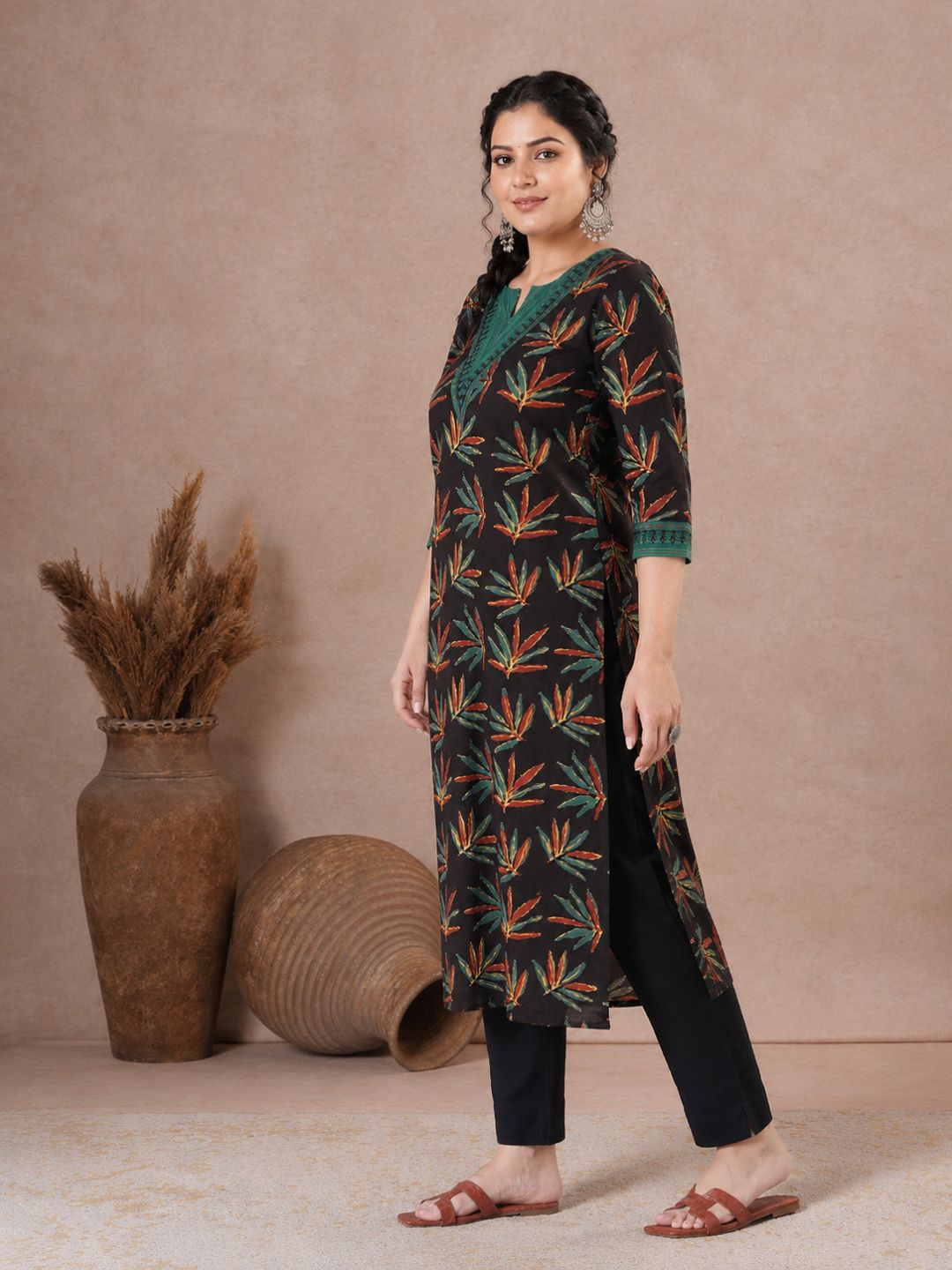 Plus Size- Straight Fit Cotton Printed Kurta with Striped Block Print Yoke & Cuff Detailing