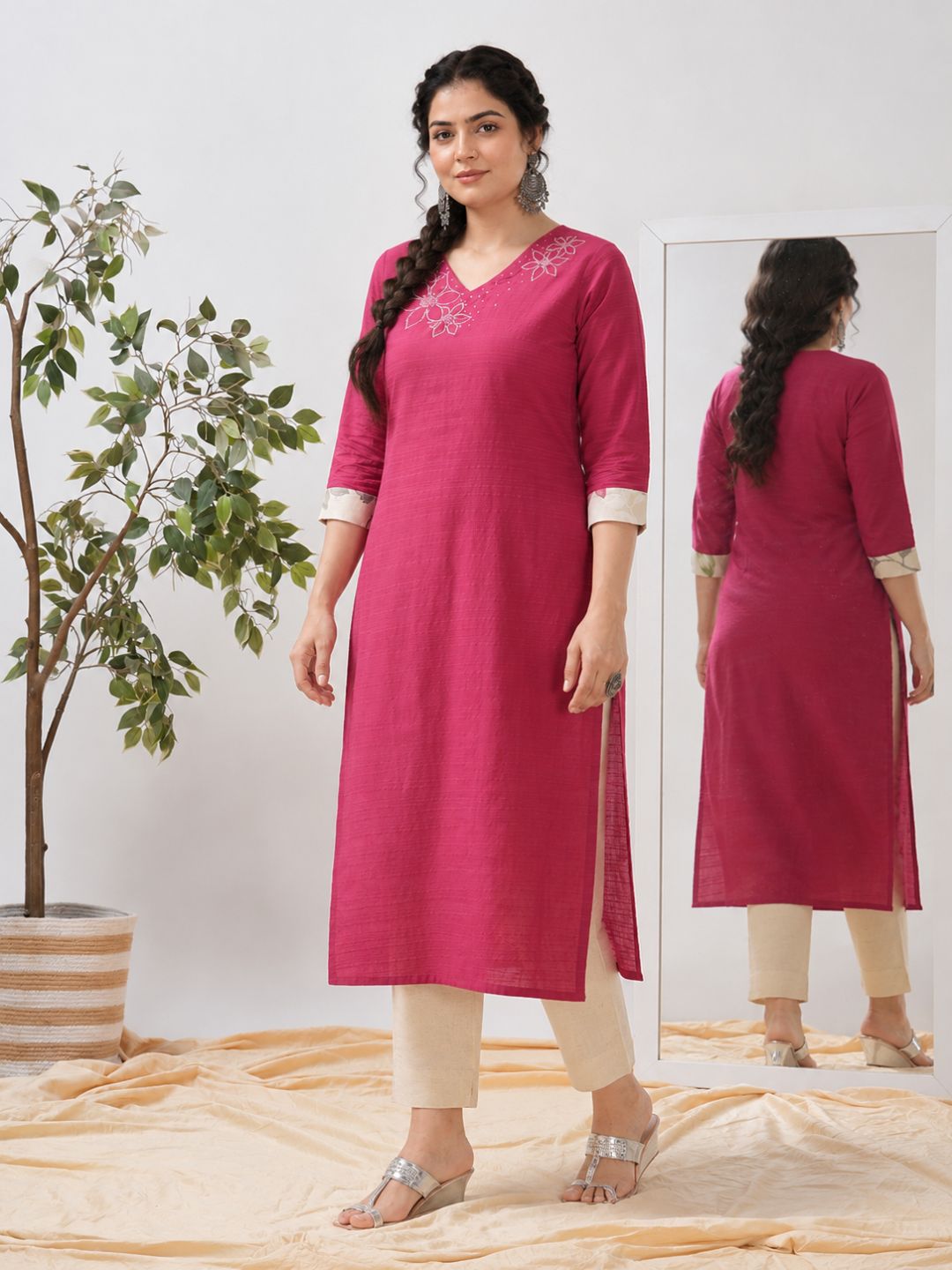 Plus Size- Cotton Straight Fit Kurta with Embroidered Neckline and Contrast Print Roll-Up Cuff Accents.