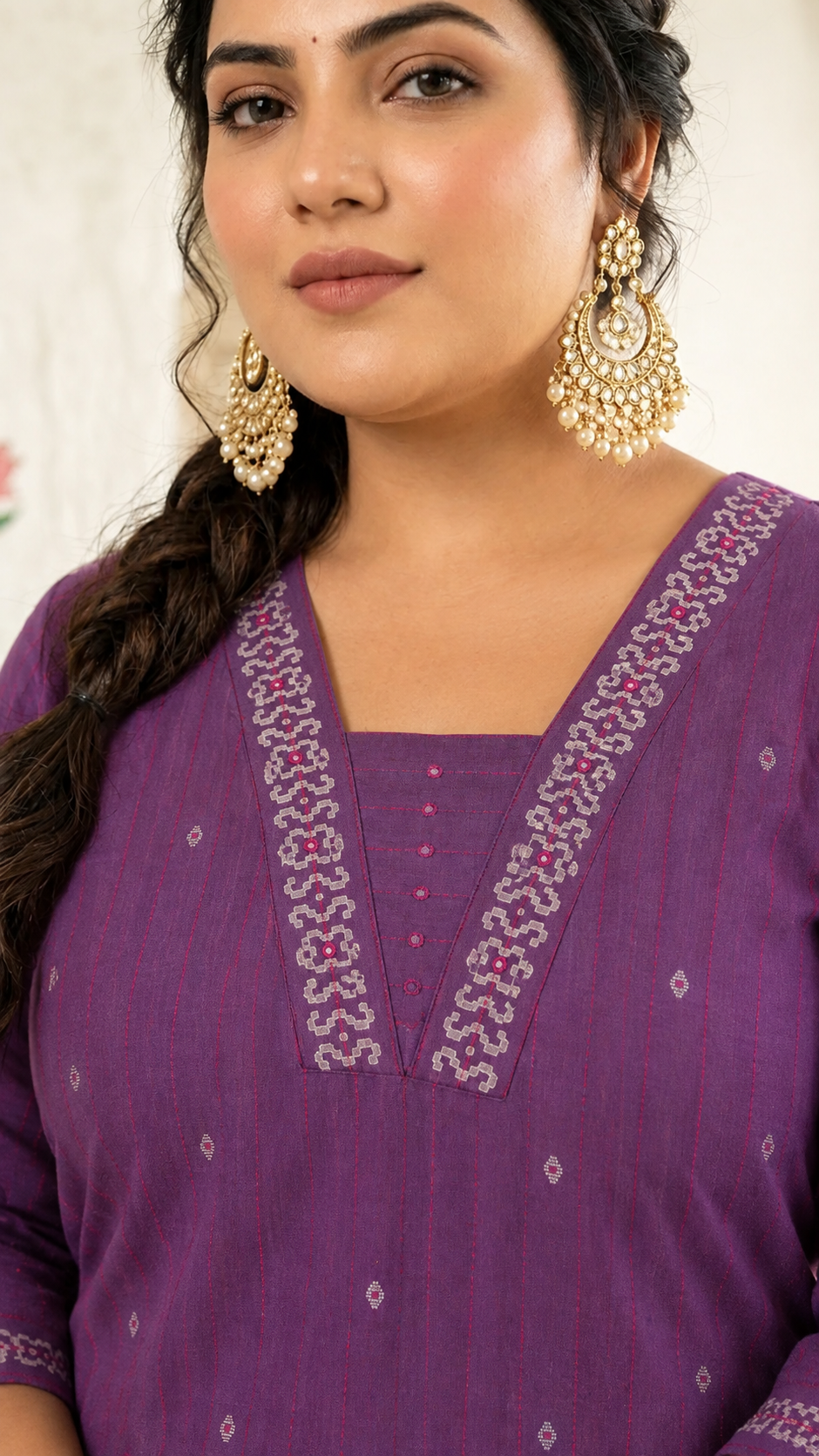 Plus size- Comfortable Cotton Straight Dobby Stripe Kurta with Block Printed Neckline and Hem Placement