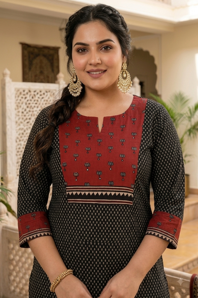 Plus size- Stylish Cotton Printed Straight Kurta with Ajrakh Design and Mirror Work Yoke Accent