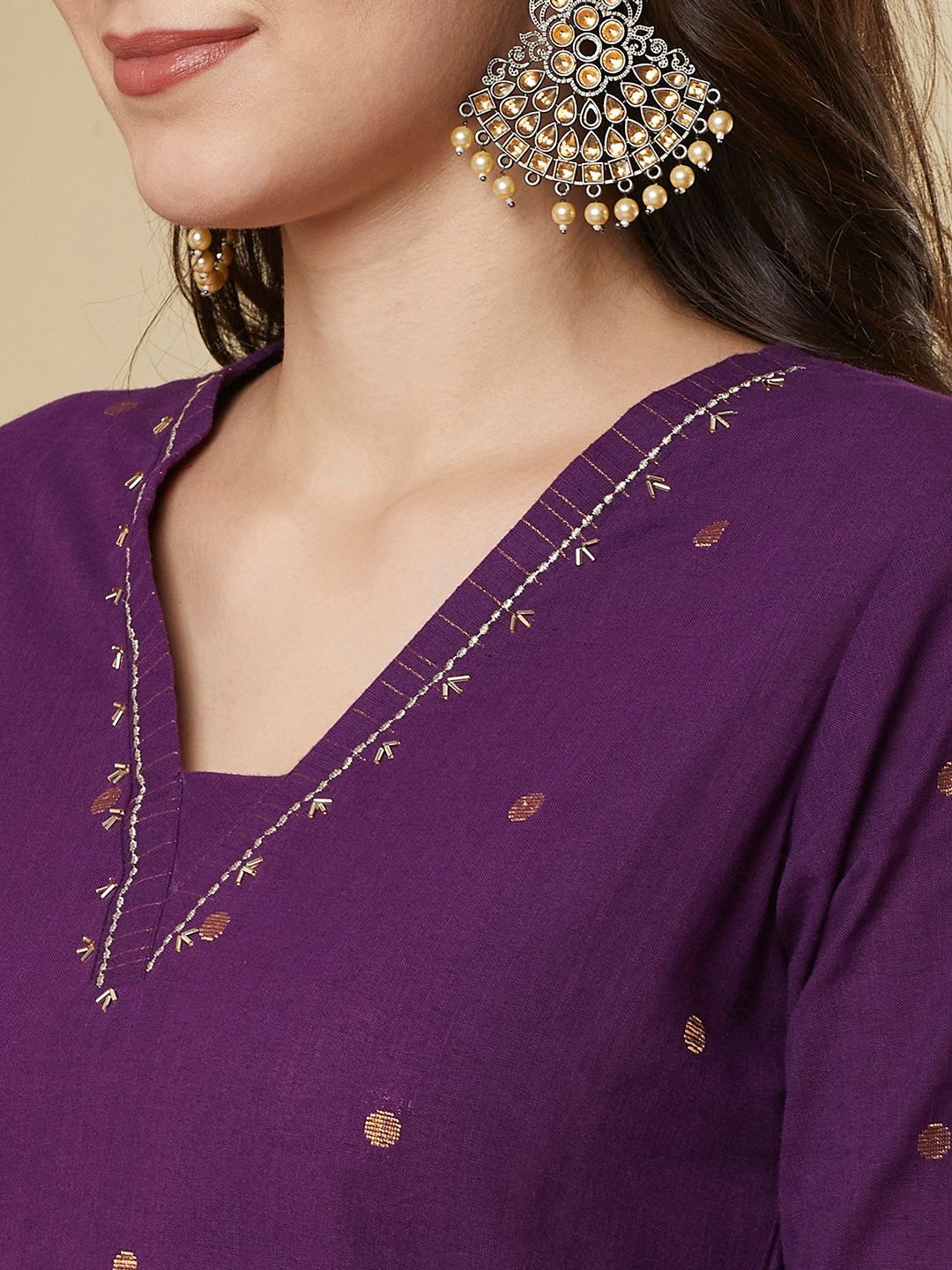 Plus Size- Straight Fit Cotton Woven Kurta with Zari, Embroidery and Handwork Detail.