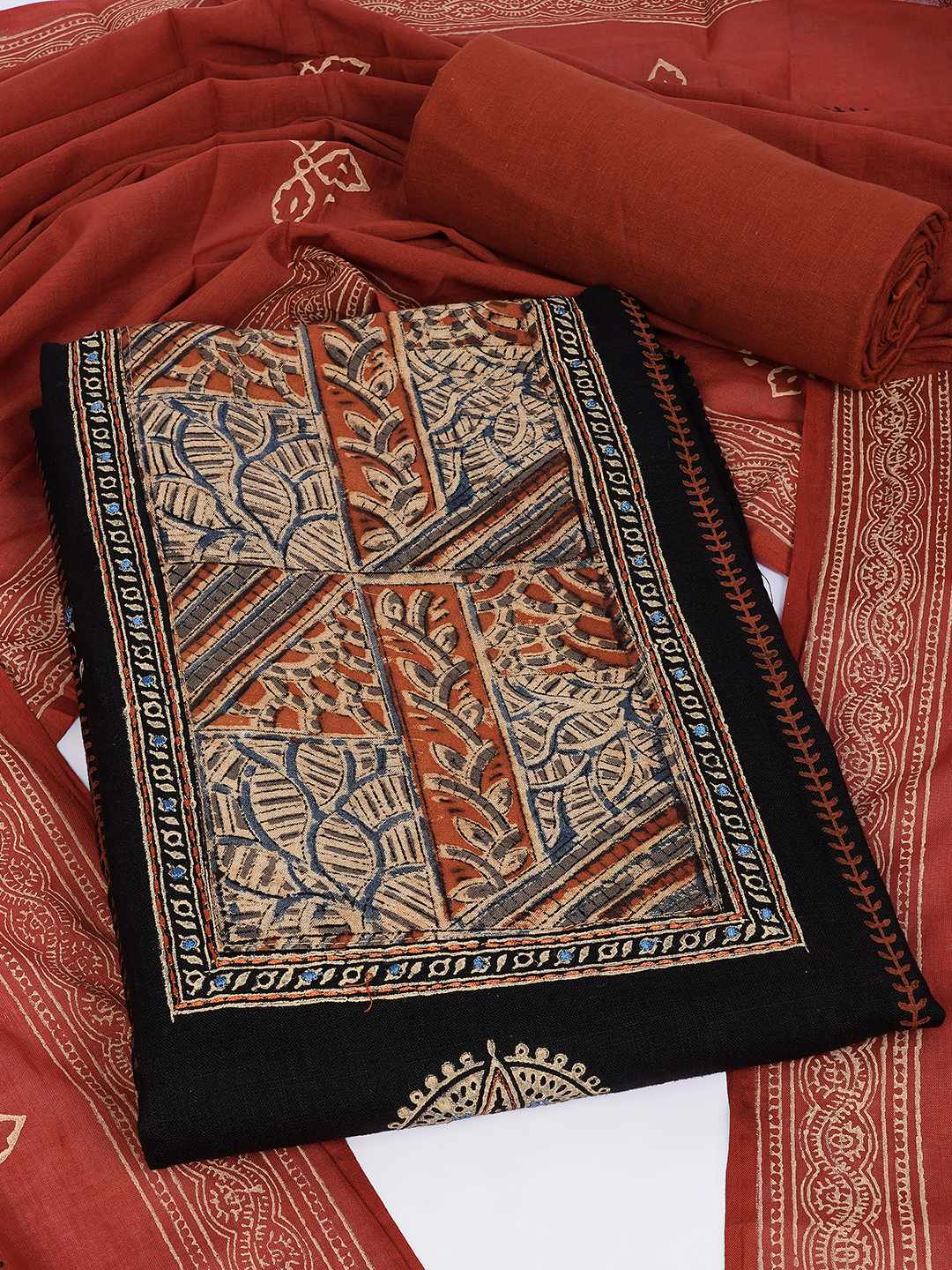 Unstitched Cotton Dress Material with Kalamkari Yoke, thread work & Printed Dupatta.(Black)