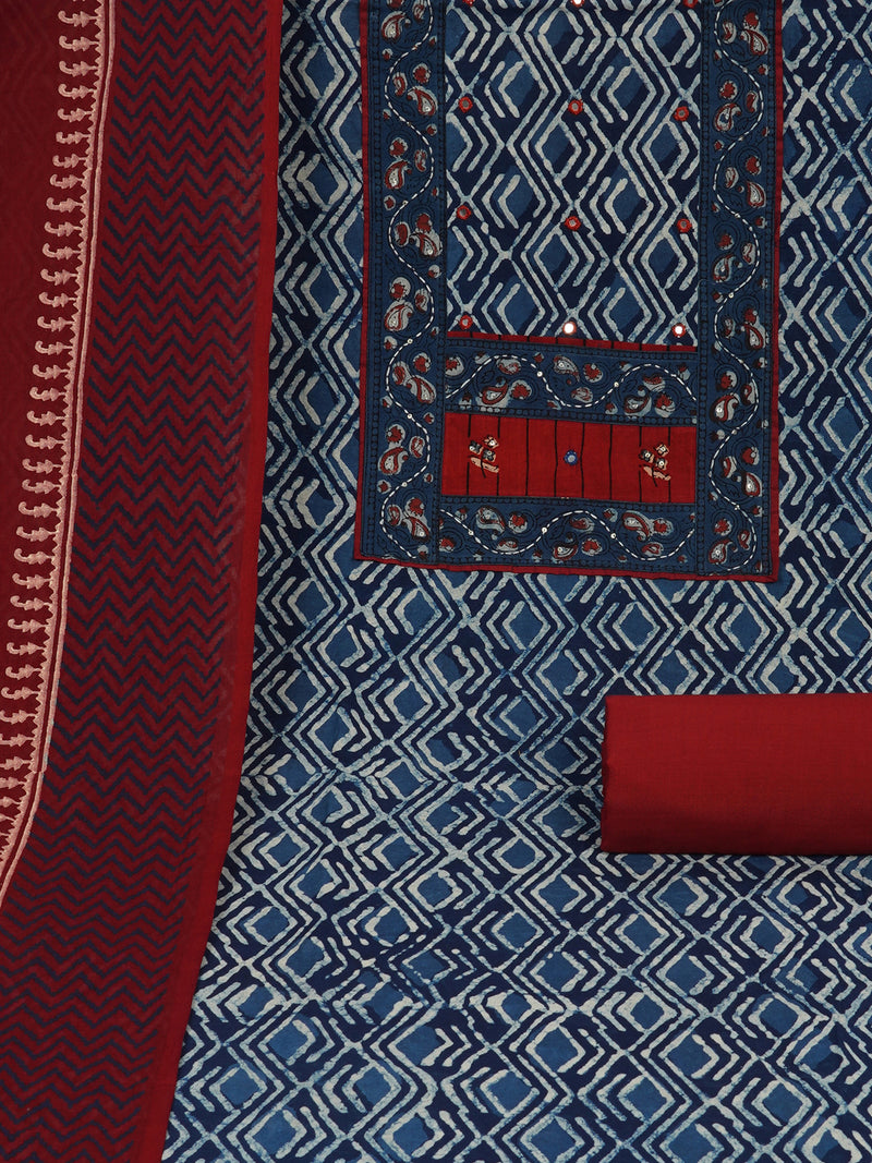 Unstitched dabu suit set with mix-match yoke and contrast colour -block printed dupatta.