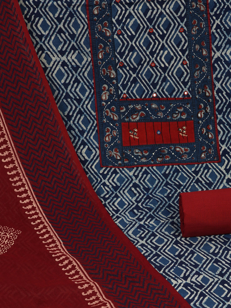 Unstitched dabu suit set with mix-match yoke and contrast colour -block printed dupatta.