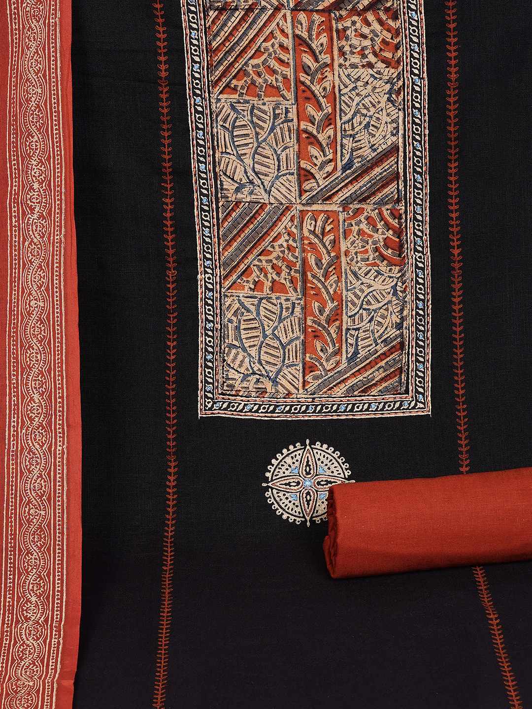 Unstitched Cotton Dress Material with Kalamkari Yoke, thread work & Printed Dupatta.(Black)