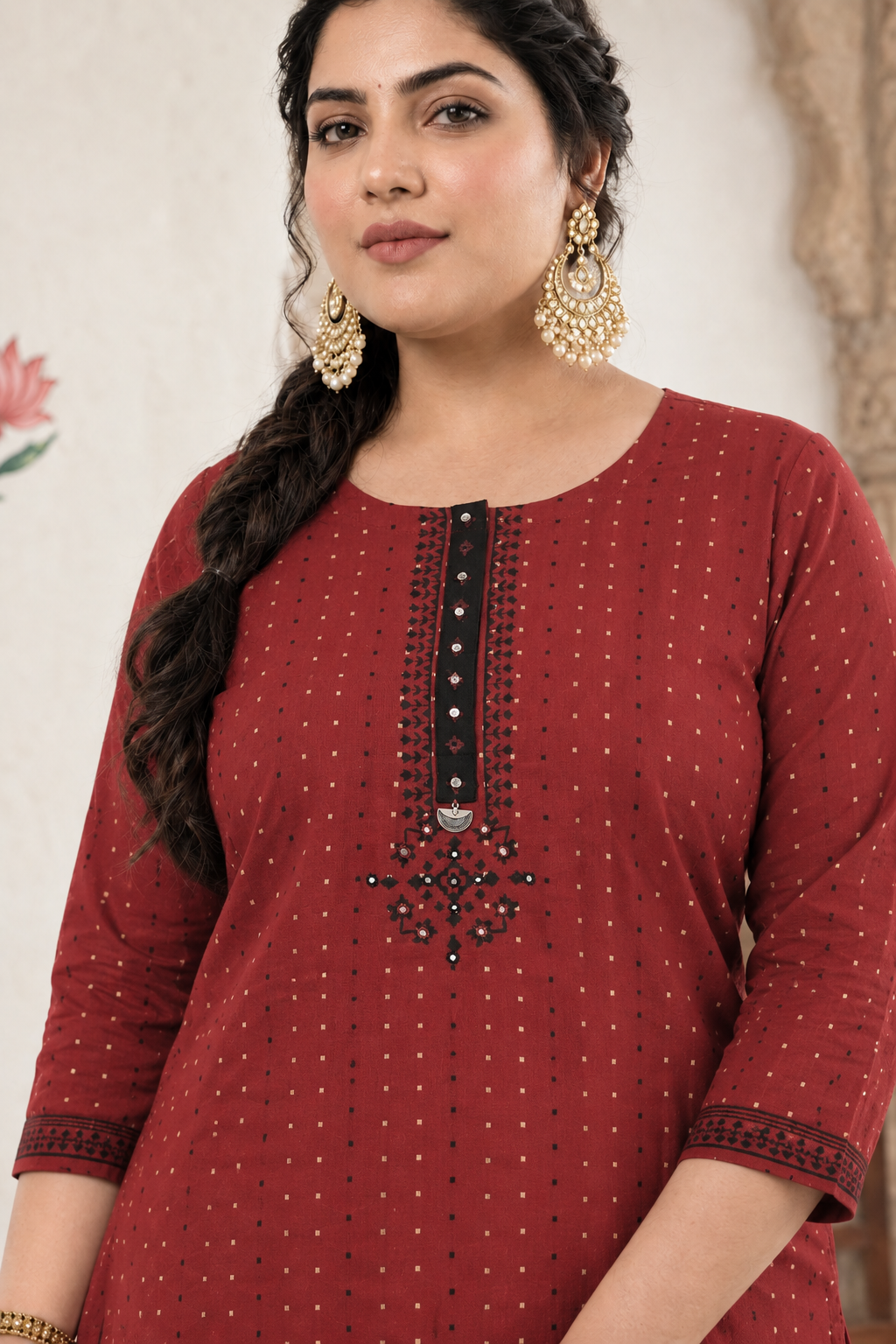 Plus size- Cotton Dobby Straight Kurta with Block Print and Handwork on Placket & Sleeve Cuffs.
