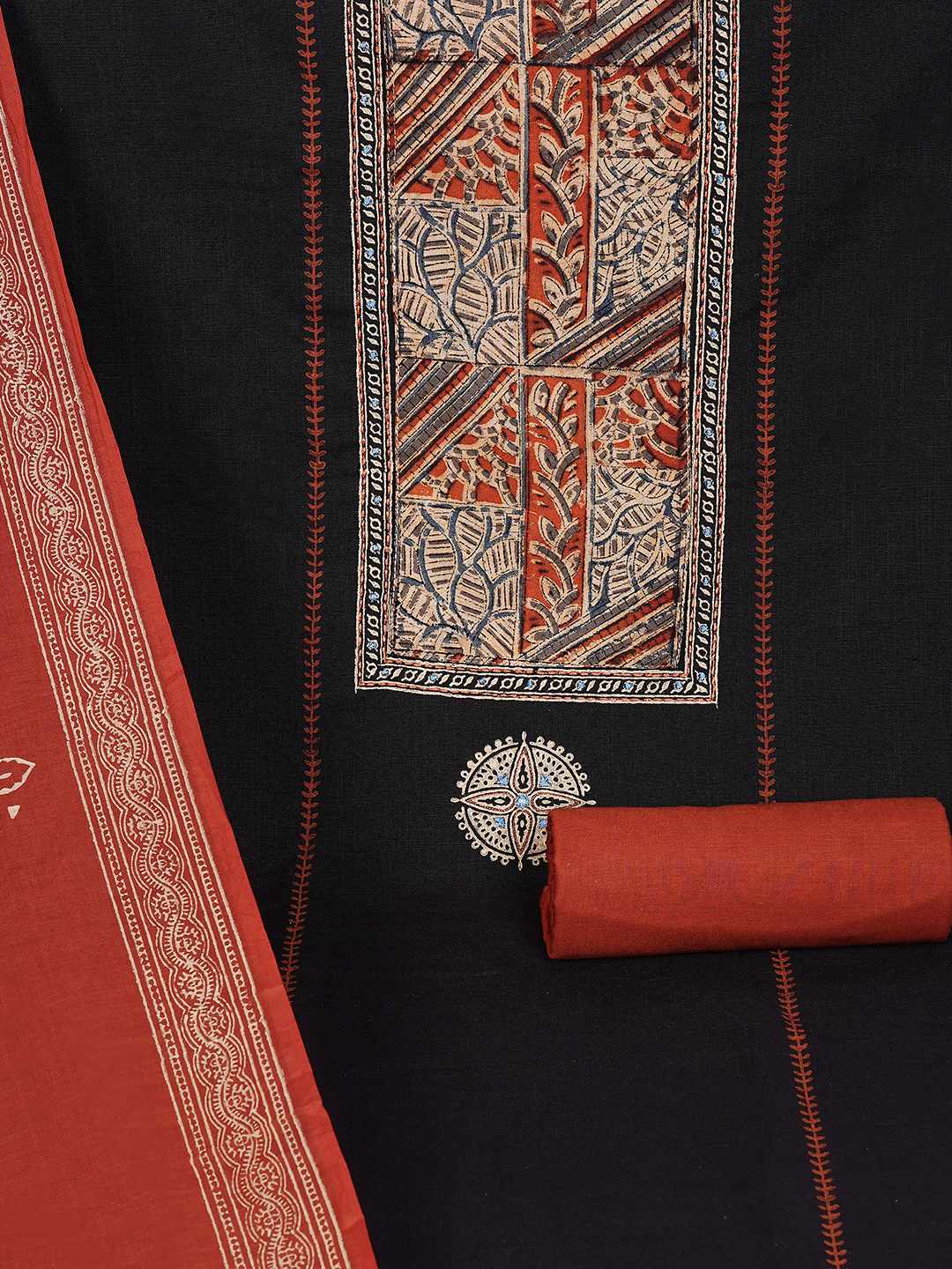 Unstitched Cotton Dress Material with Kalamkari Yoke, thread work & Printed Dupatta.(Black)