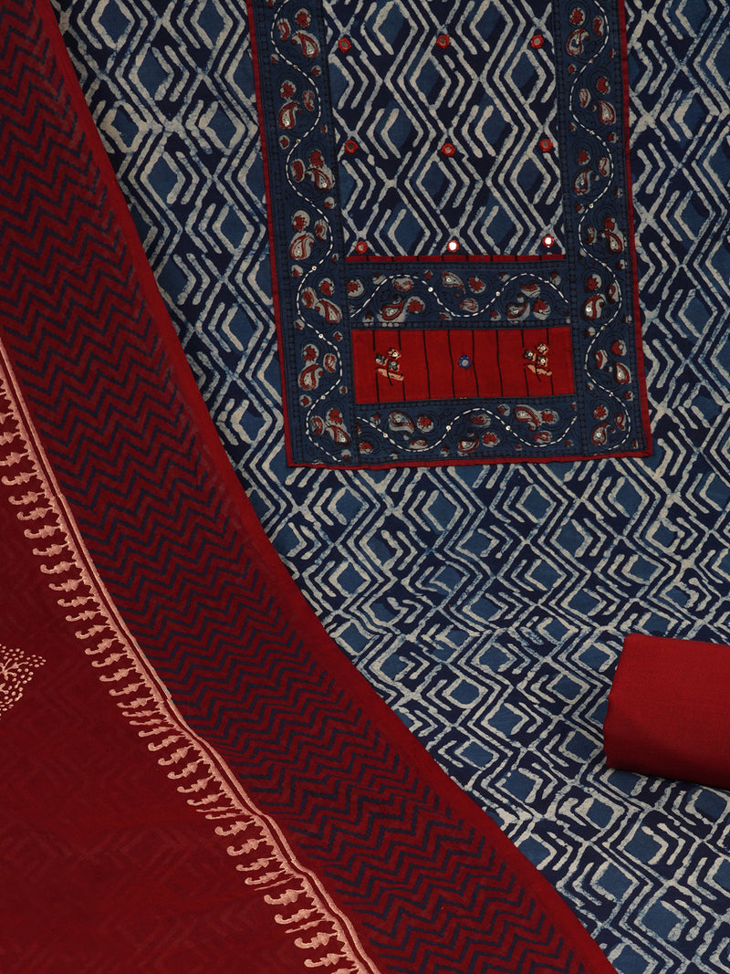 Unstitched dabu suit set with mix-match yoke and contrast colour -block printed dupatta.