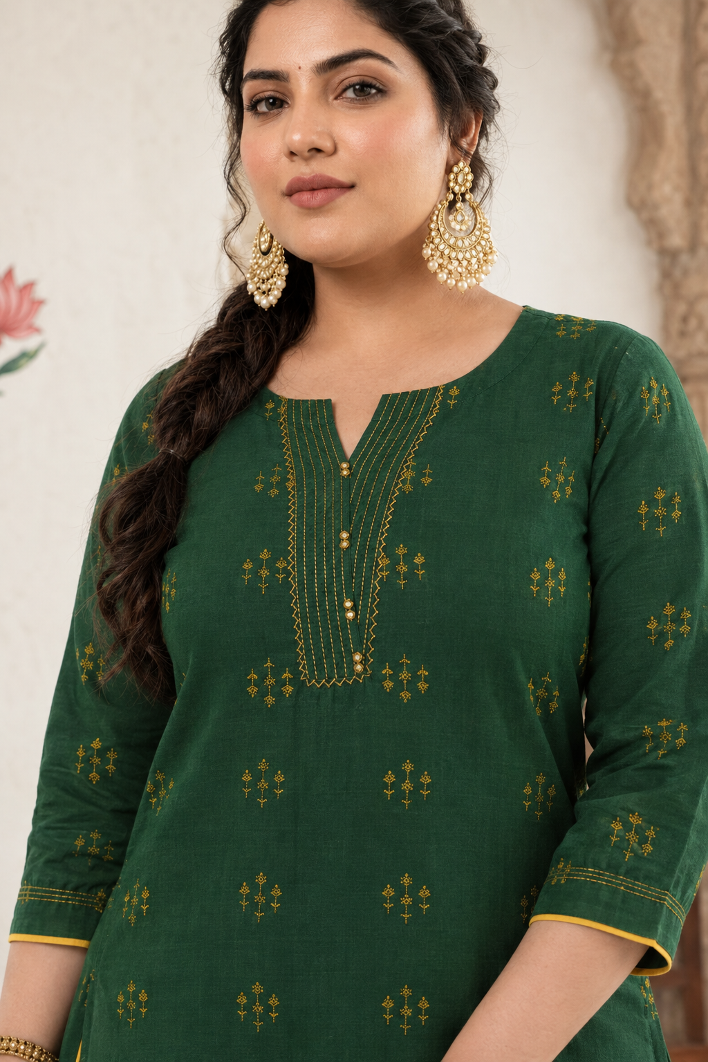 Plus size- Elegant Straight Fit Cotton Dobby Kurta with Hand Embroidery and Mirror Embellishment