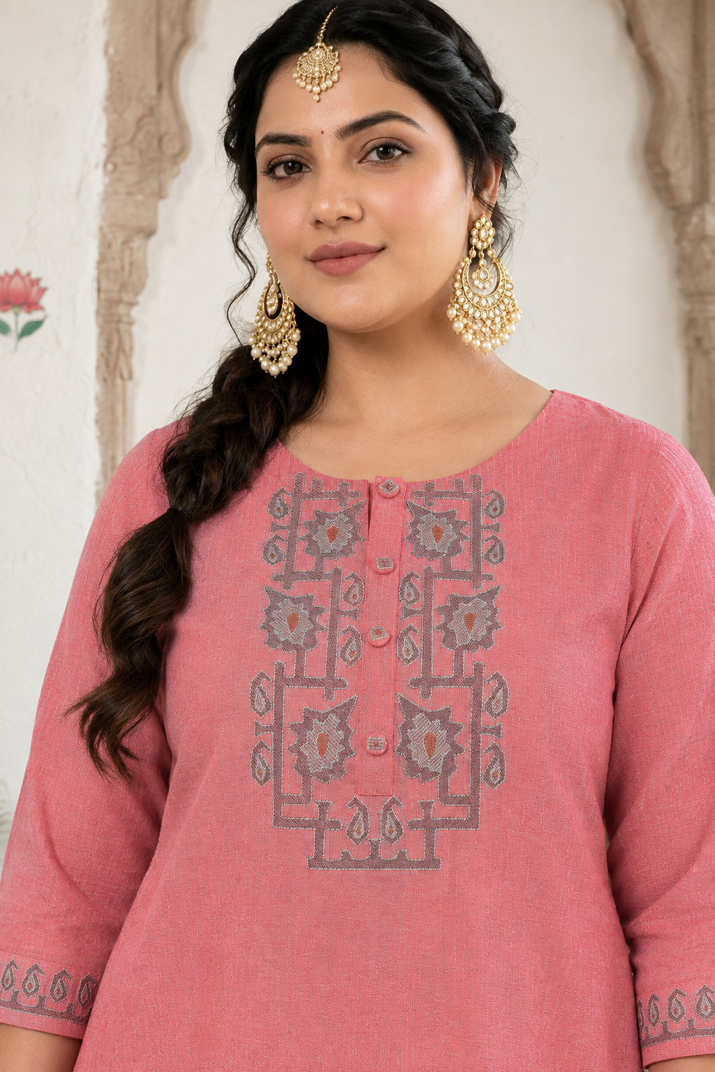 Plus size- A-Line Kurta in Woven Cotton with All-Over Thread Embroidery and Pocket Detail