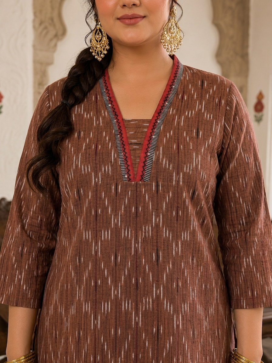 Plus size- Straight Fit Ikat Kurta with Featuring Woven Stripes, Handwork & Solid Trim.