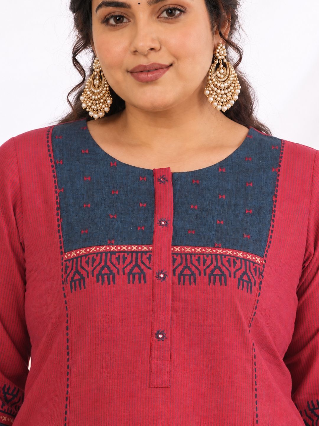 Plus Size- Pocketed A-Line Kurta in Woven Stripe Cotton with Dobby Trim, Block Print and Delicate Handwork Accents.