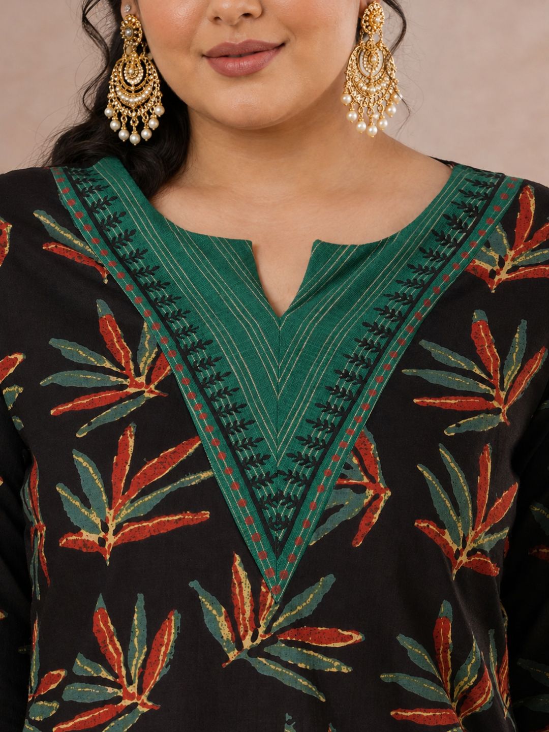 Plus Size- Straight Fit Cotton Printed Kurta with Striped Block Print Yoke & Cuff Detailing