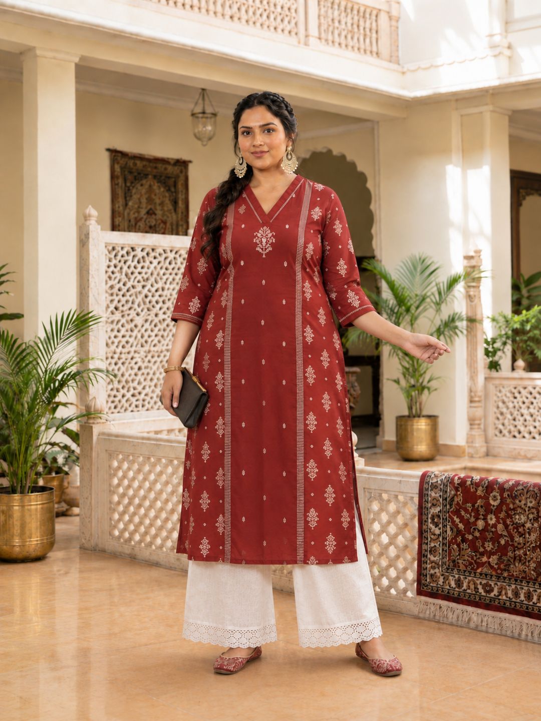 Plus Size- Cotton Straight Princess Shoulder Kurta with Block Print Centre Panel and Sleeve Detailing