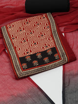 Maroon Unstitched cotton suit set with mix-match yoke and contrast colour kota dupatta.