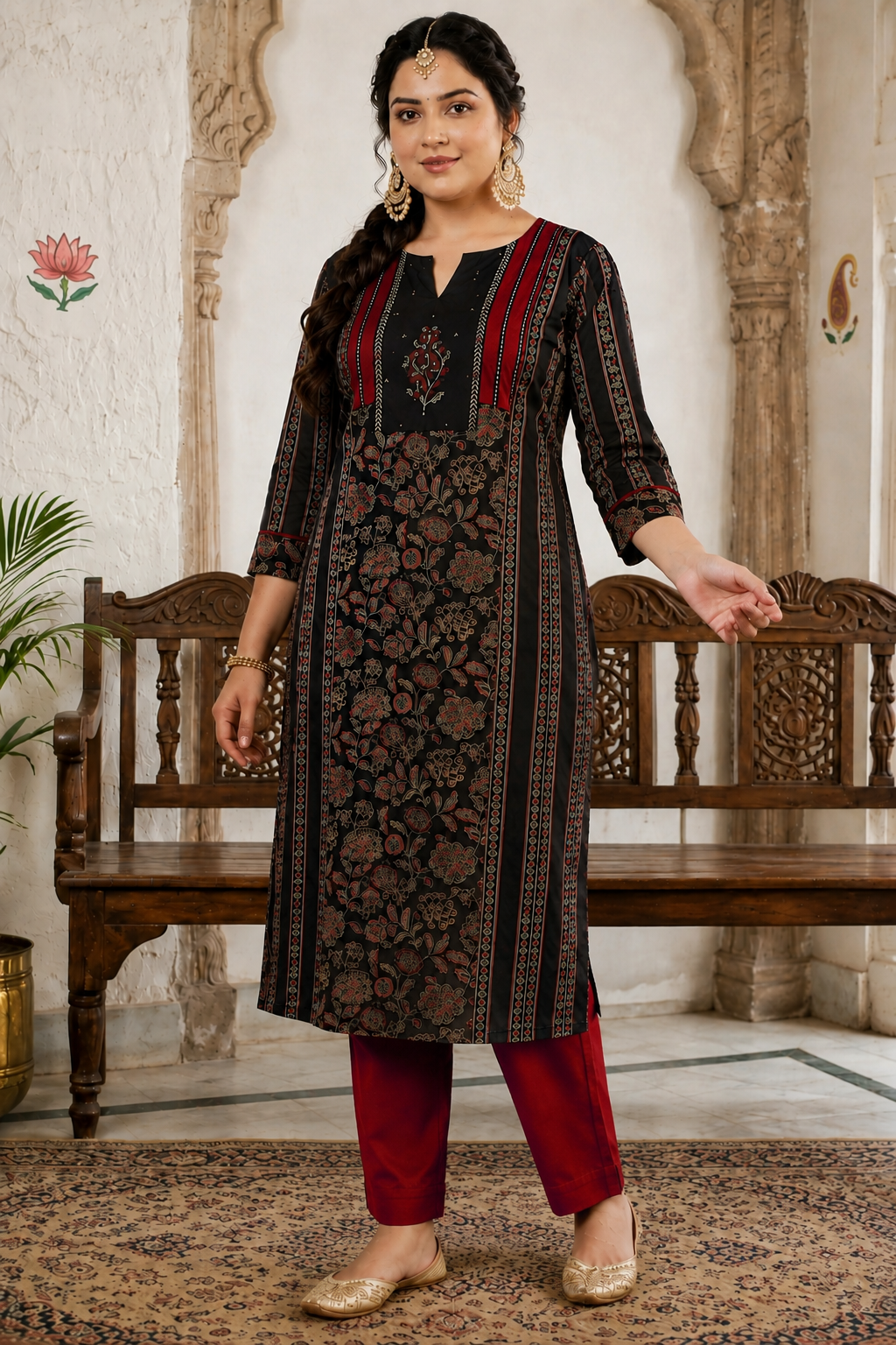 Plus size- Cotton Straight Kurta Featuring Panelled Structure, Block Print and Sequin Handwork