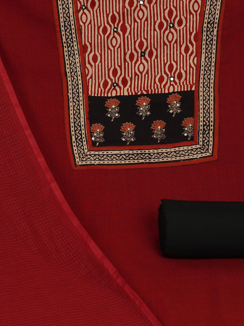 Maroon Unstitched cotton suit set with mix-match yoke and contrast colour kota dupatta.