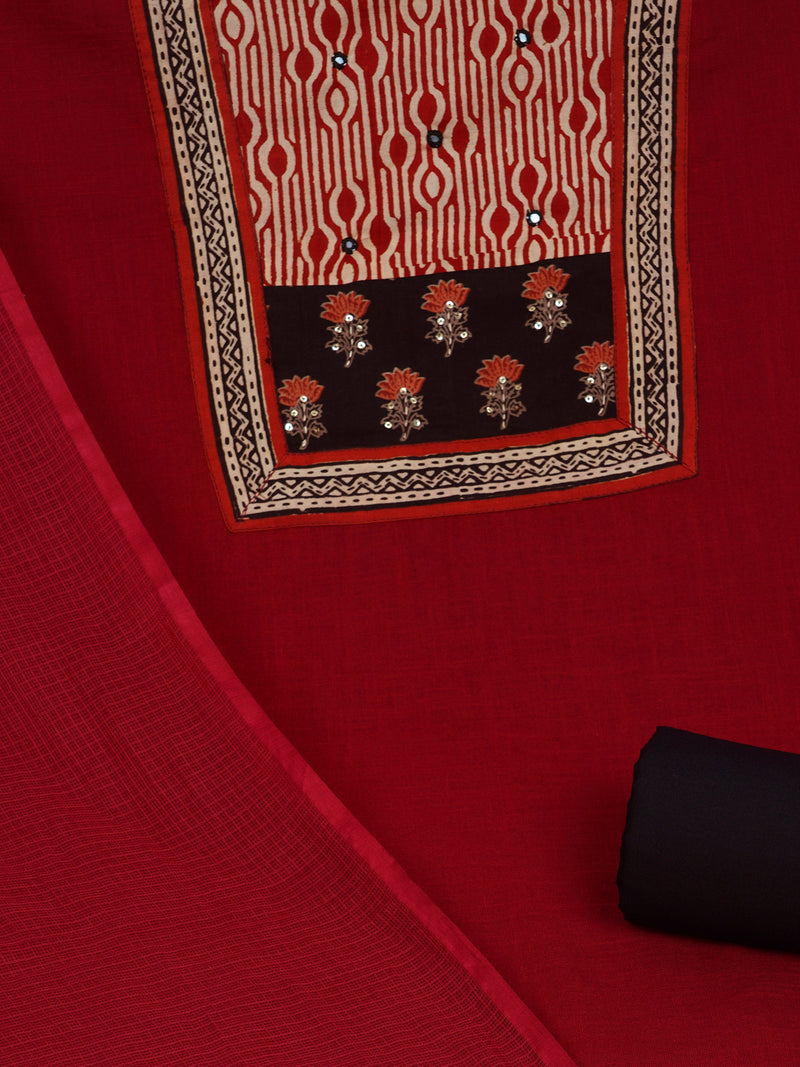 Maroon Unstitched cotton suit set with mix-match yoke and contrast colour kota dupatta.