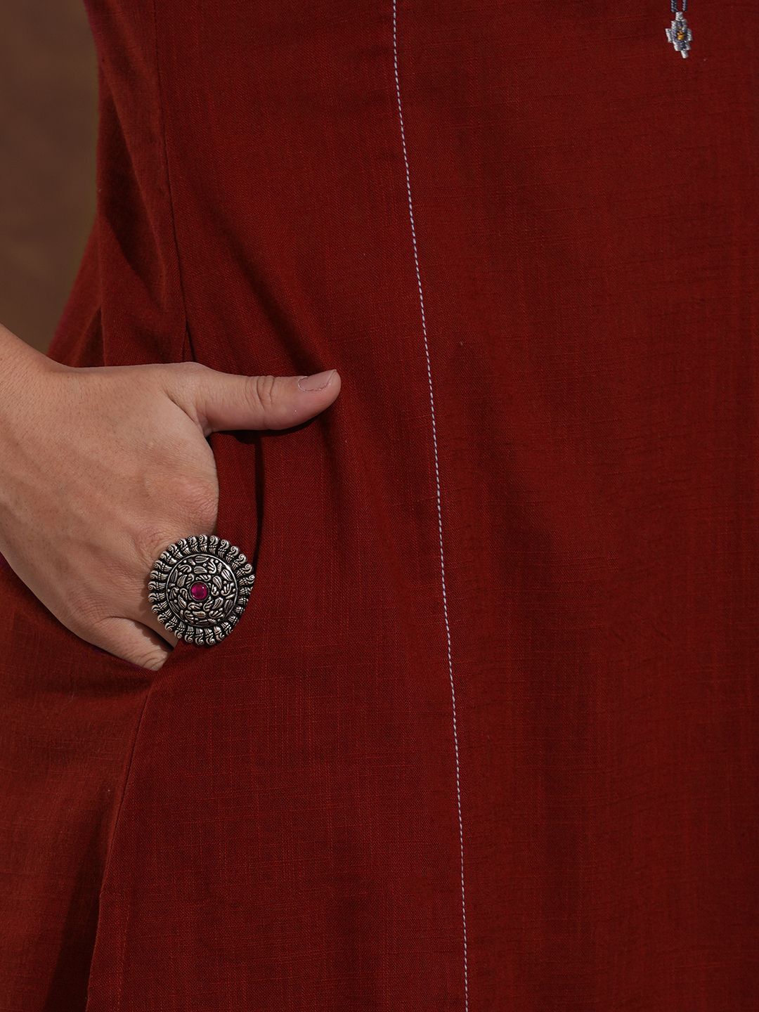 Plus Size- A-Line Pocketed Cotton Slub Kurta Featuring Thread Embroidery and Mirror Work.
