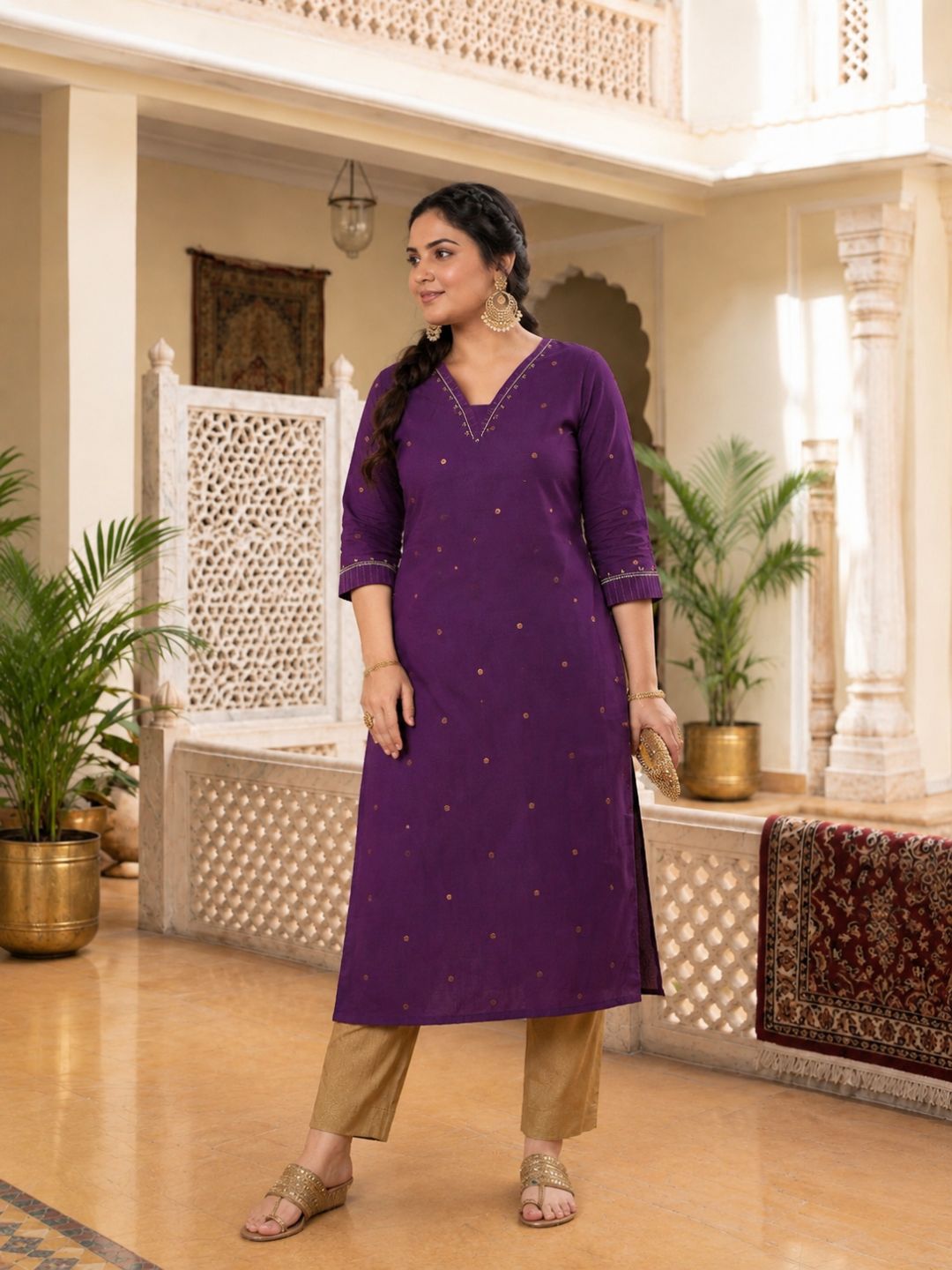 Plus Size- Straight Fit Cotton Woven Kurta with Zari, Embroidery and Handwork Detail.