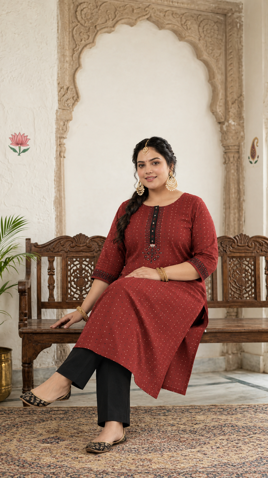 Plus size- Cotton Dobby Straight Kurta with Block Print and Handwork on Placket & Sleeve Cuffs.