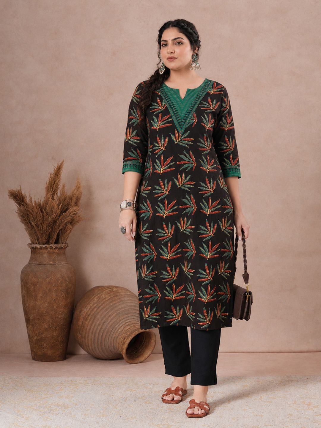 Plus Size- Straight Fit Cotton Printed Kurta with Striped Block Print Yoke & Cuff Detailing