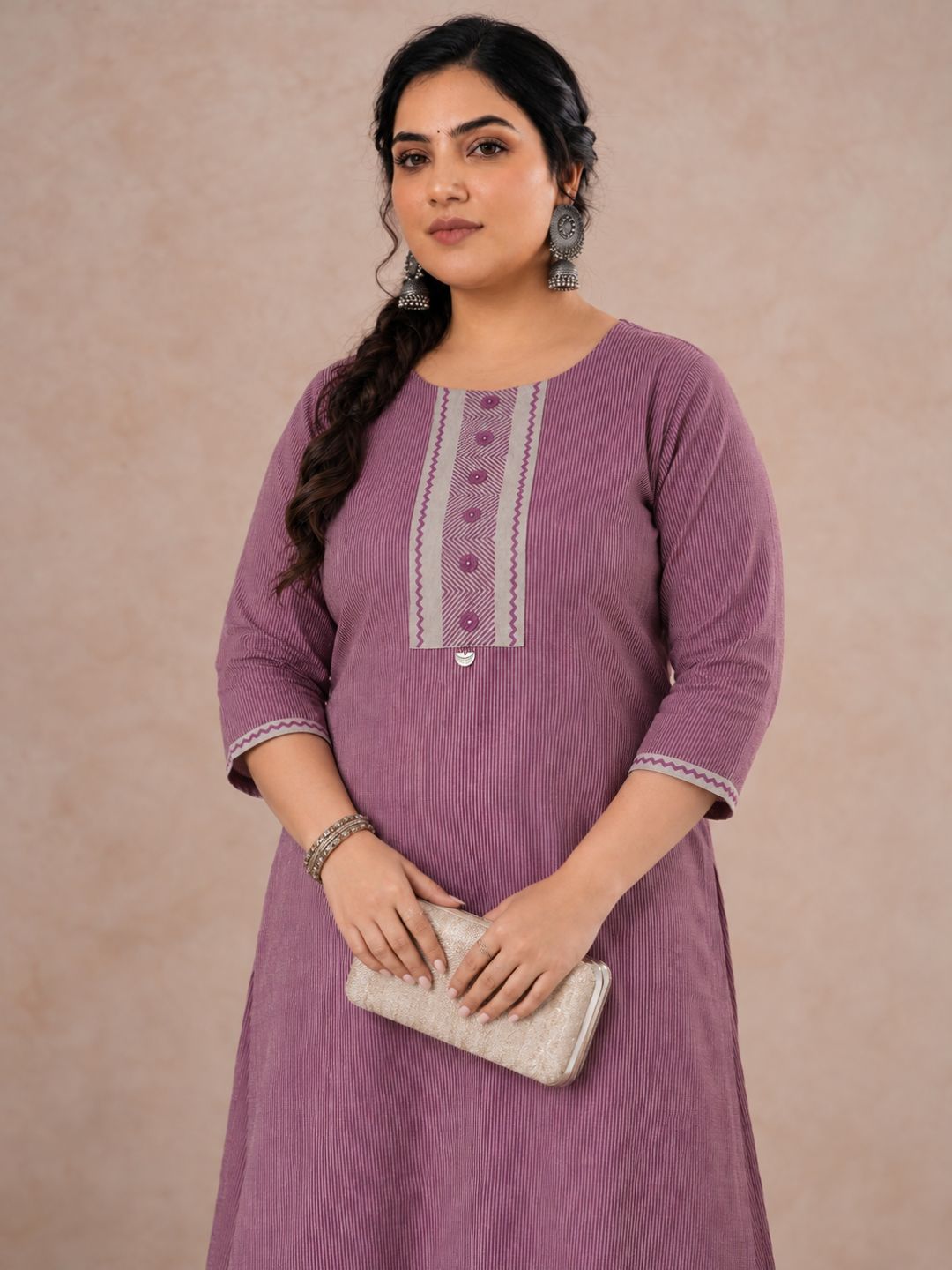 Plus Size- Straight Striped Cotton Kurta in Woven Fabric with Block Print Yoke and Mirror Handwork.