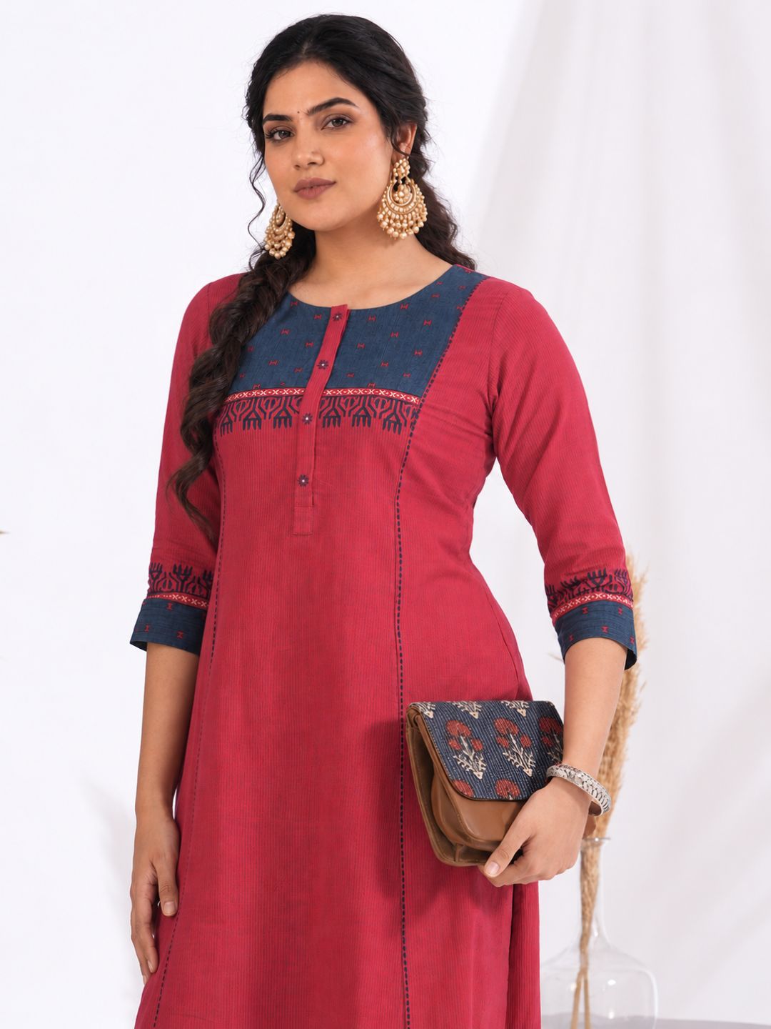 Plus Size- Pocketed A-Line Kurta in Woven Stripe Cotton with Dobby Trim, Block Print and Delicate Handwork Accents.
