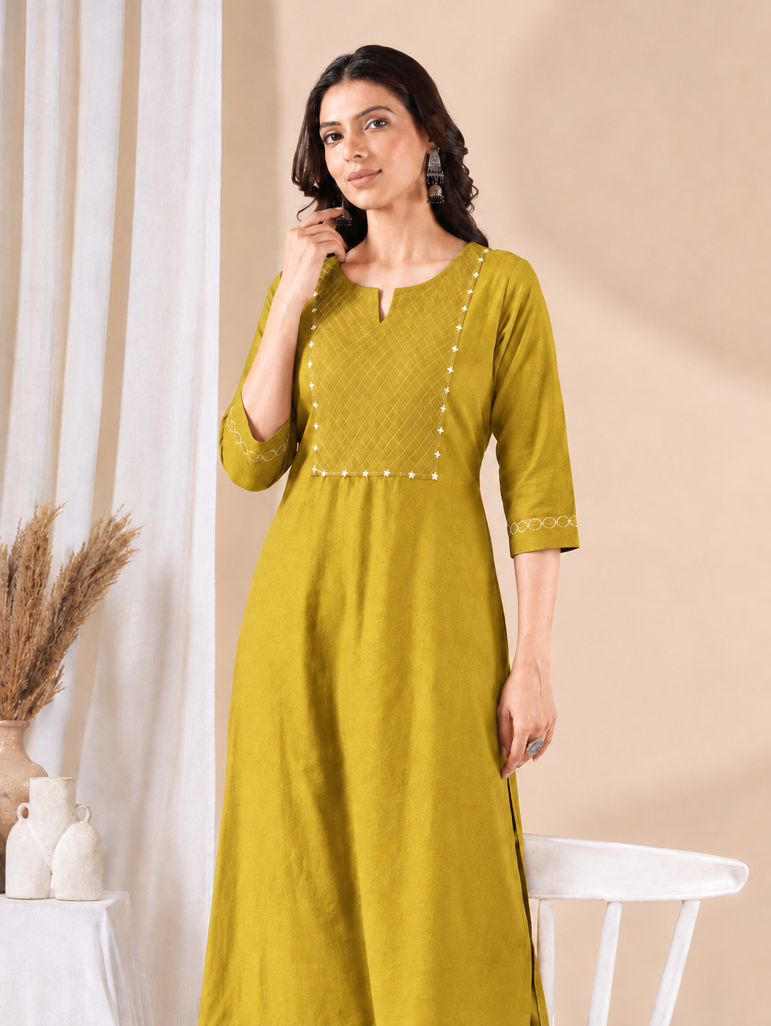 Straight Fit Silk Blend Kurta Set with Zari Embroidery & Sequins work, Plain Matching Palazzo.(Yellow)