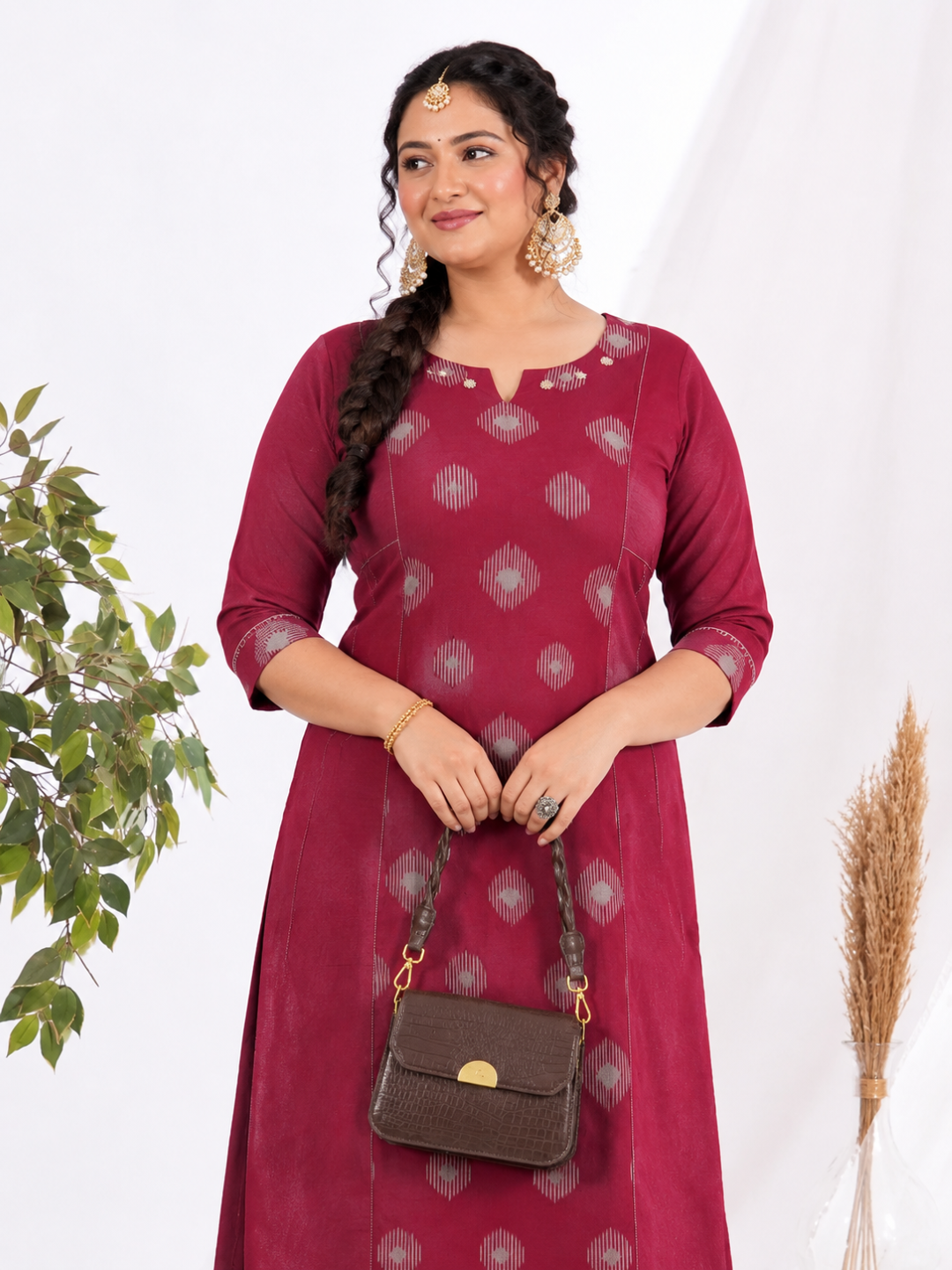 Plus Size Pocketed A-line cotton kurta with a printed center panel and hand work detailing.(Maroon)