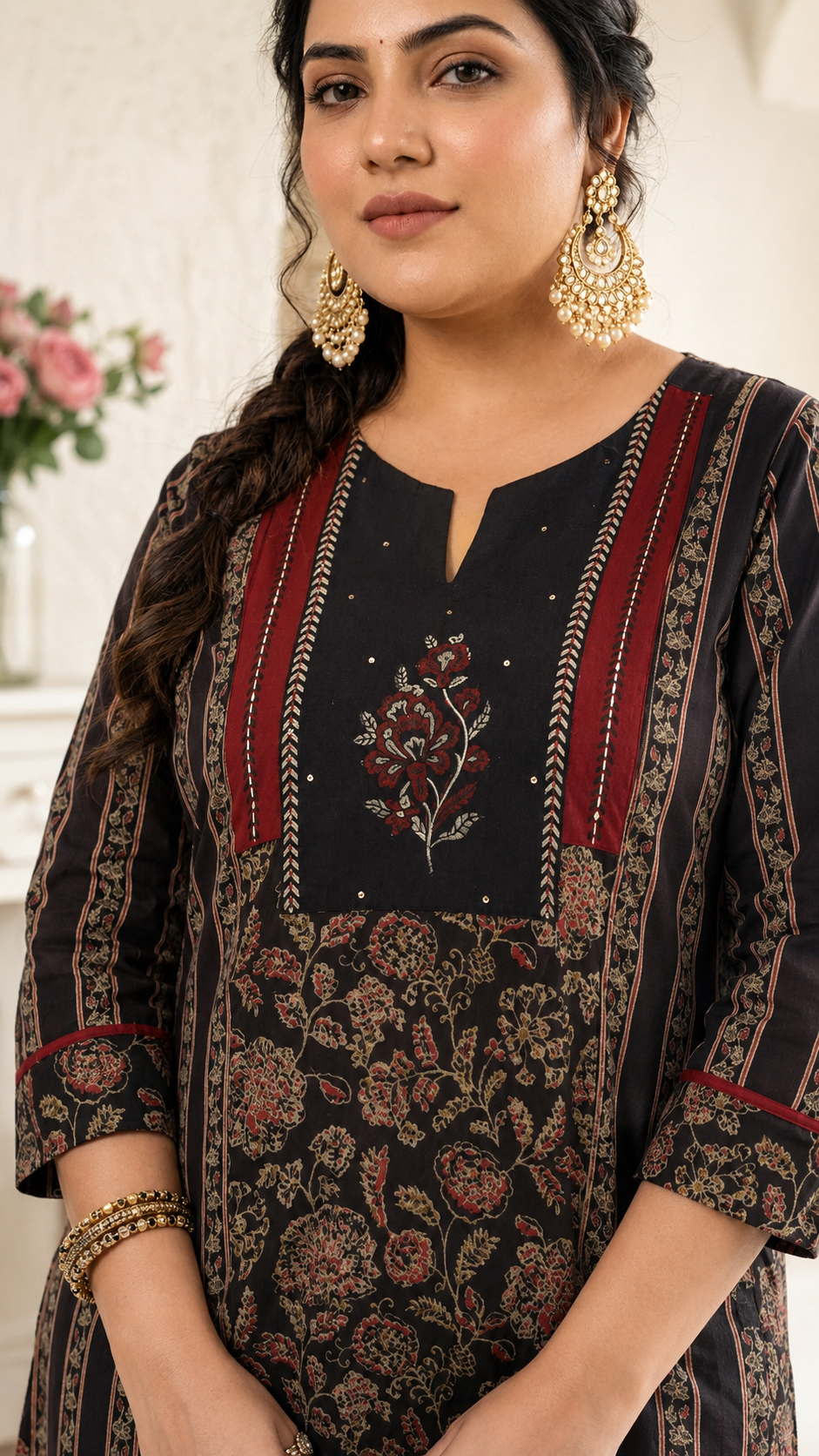 Plus size- Cotton Straight Kurta Featuring Panelled Structure, Block Print and Sequin Handwork