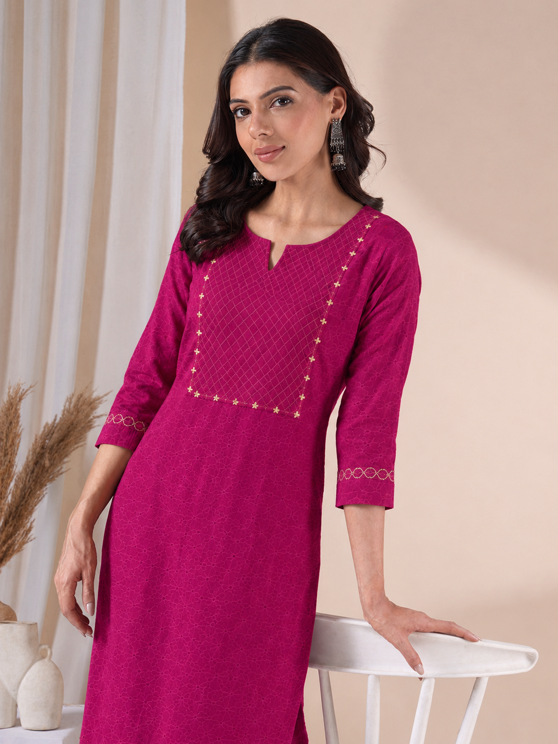 Straight Fit Silk Blend Kurta Set with Zari Embroidery & Sequins work, Plain Matching Palazzo.(Pink)