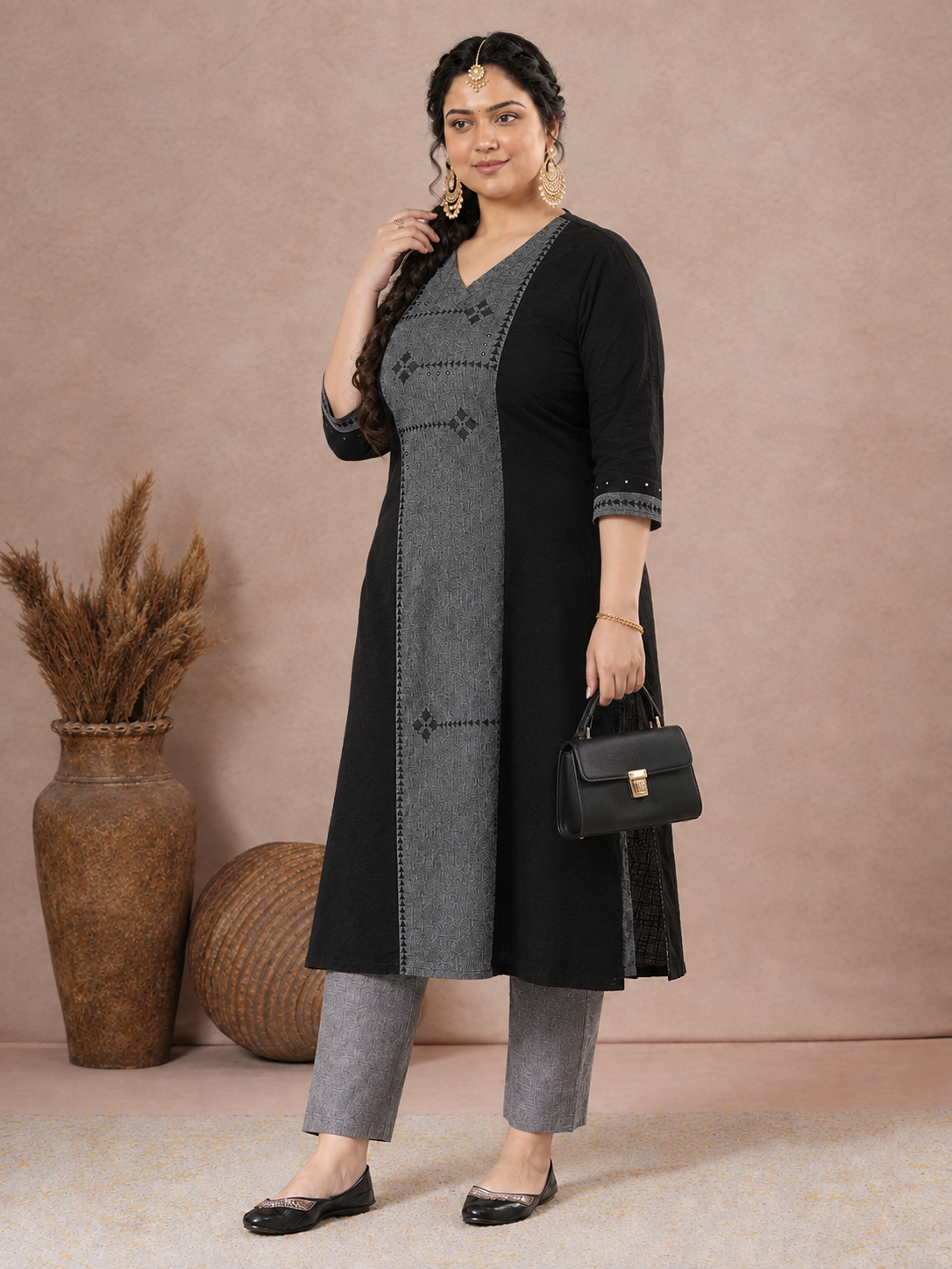 Plus Size A-Line Kurta with Block Print Panel with Mirror Work & Contrast Detail.
