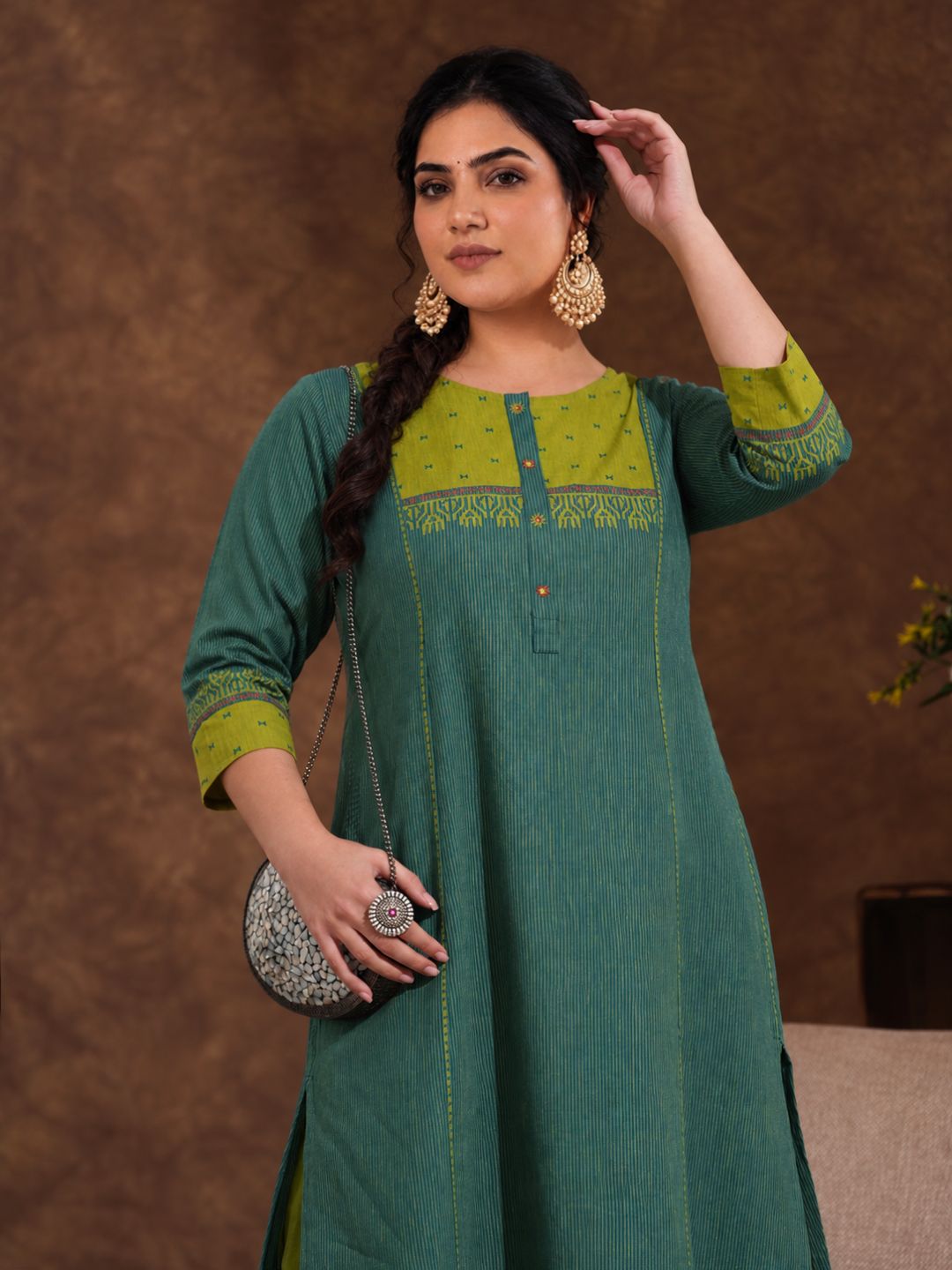 Plus Size- Pocketed A-Line Kurta in Woven Stripe Cotton with Dobby Trim, Block Print and Delicate Handwork Accents.