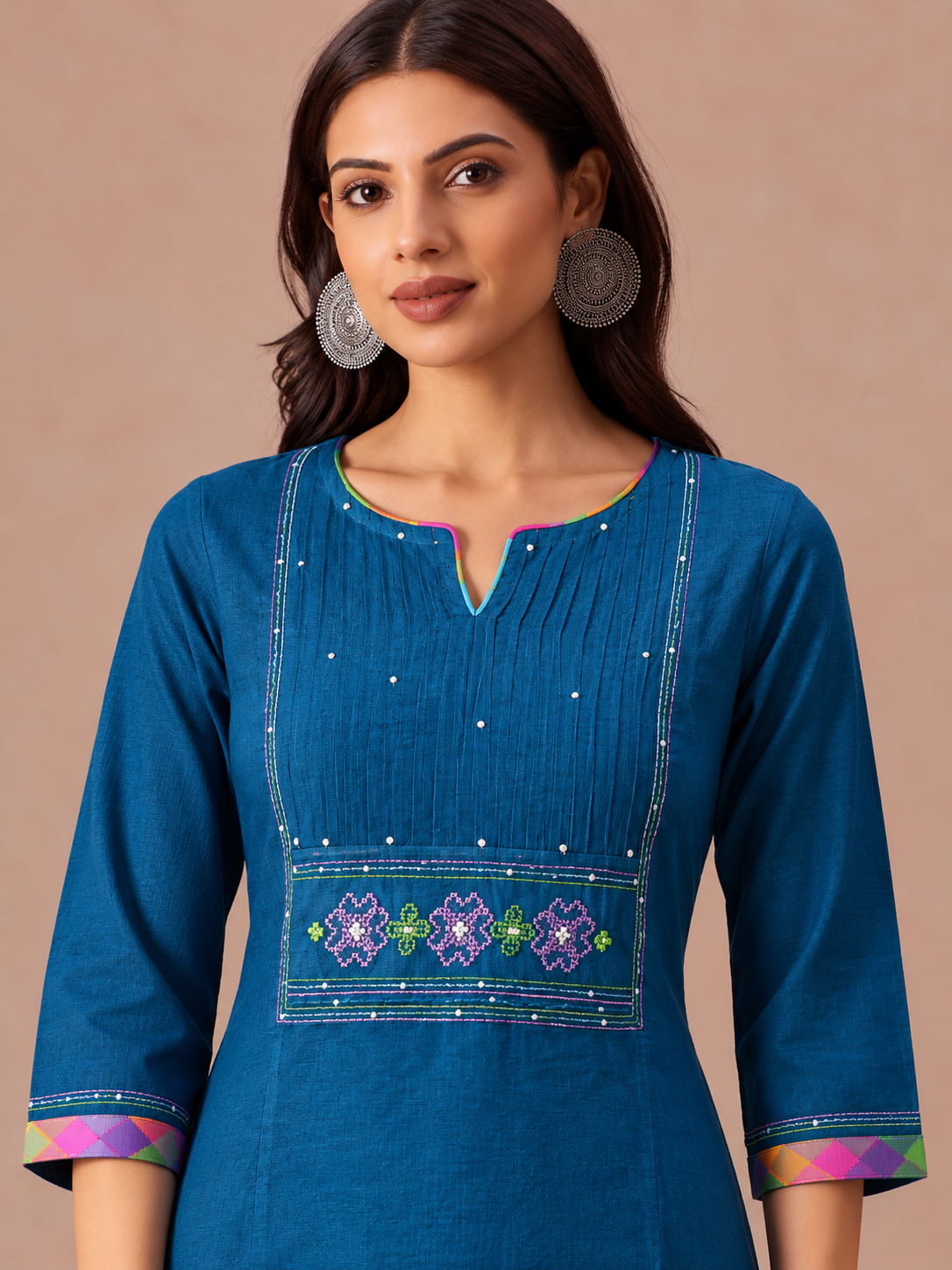 Straight Fit Cotton Kurta Set with Geometric Embroidery, Sequin Work and Plain Pants.