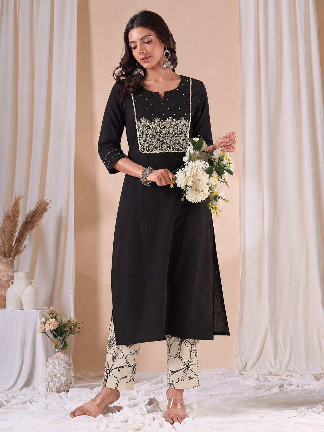 Straight Fit Cotton Kurta Set with Floral Embroidery, Crochet Lace and Printed Pants.