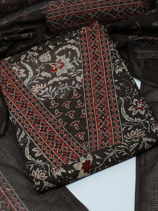 Brown Unstitched traditional block printed suit set paired with kota doria printed dupatta.