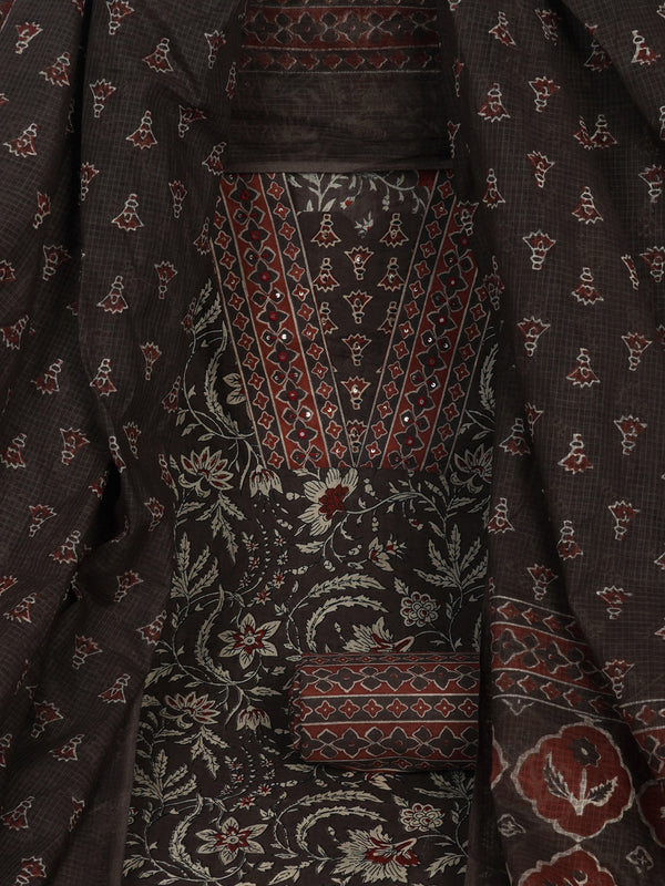 Brown Unstitched traditional block printed suit set paired with kota doria printed dupatta.