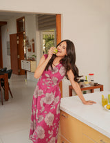 Printed flex extended shoulder dress with functional centre placket and waist tie-up.