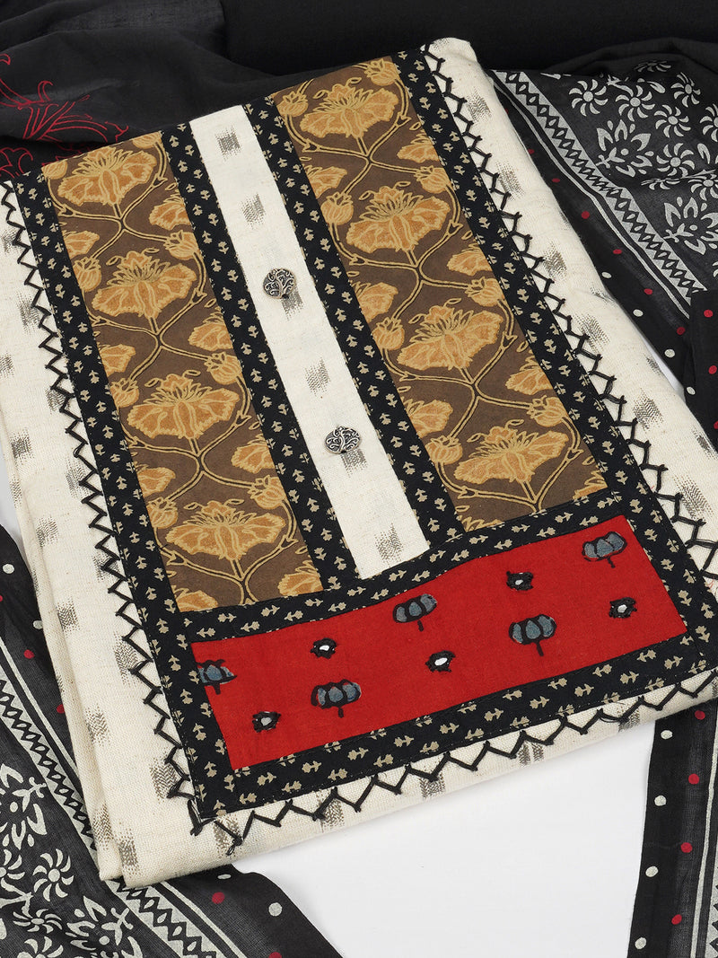 Unstitched Beige ikat printed suit set with contrast block printed dupatta and plain bottom.