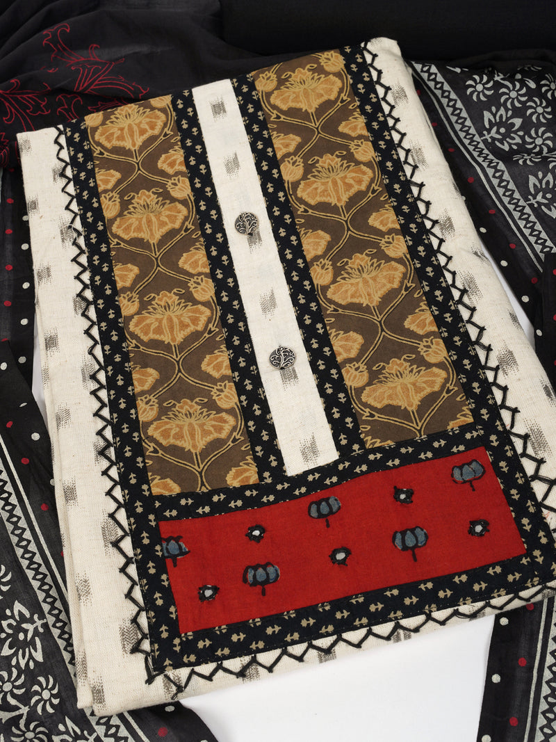 Unstitched Beige ikat printed suit set with contrast block printed dupatta and plain bottom.