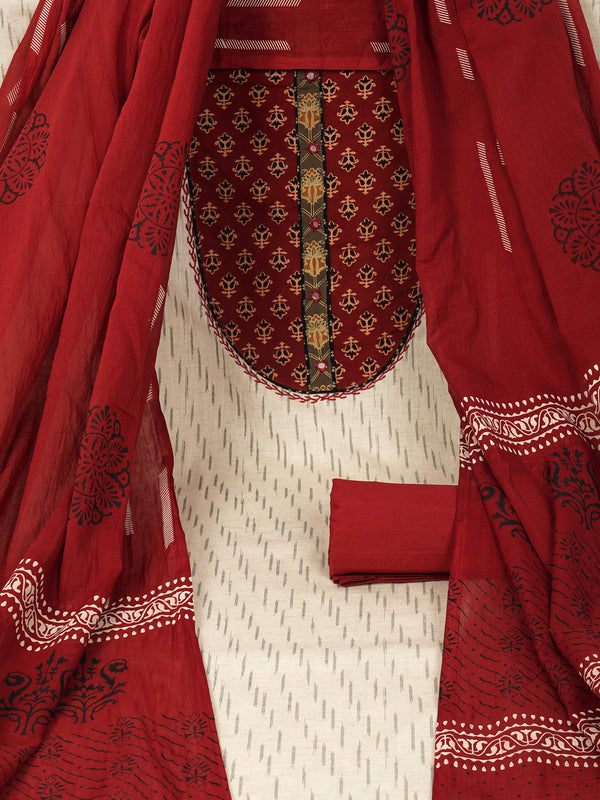 Unstitched beige ikat printed suit set with mix-match yoke with printed dupatta and plain bottom.