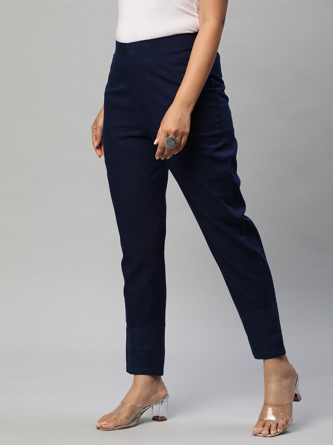 Cotton Pencil pant with schiffli detailing in hem(Blue)