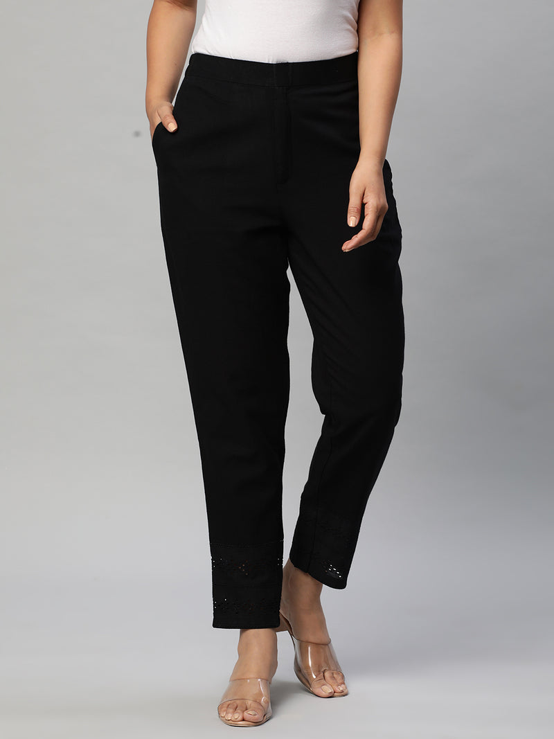 Cotton Pencil pant with schiffli detailing in hem.(Black)