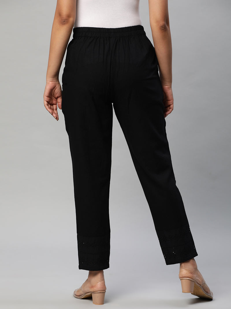 Cotton Pencil pant with schiffli detailing in hem.(Black)