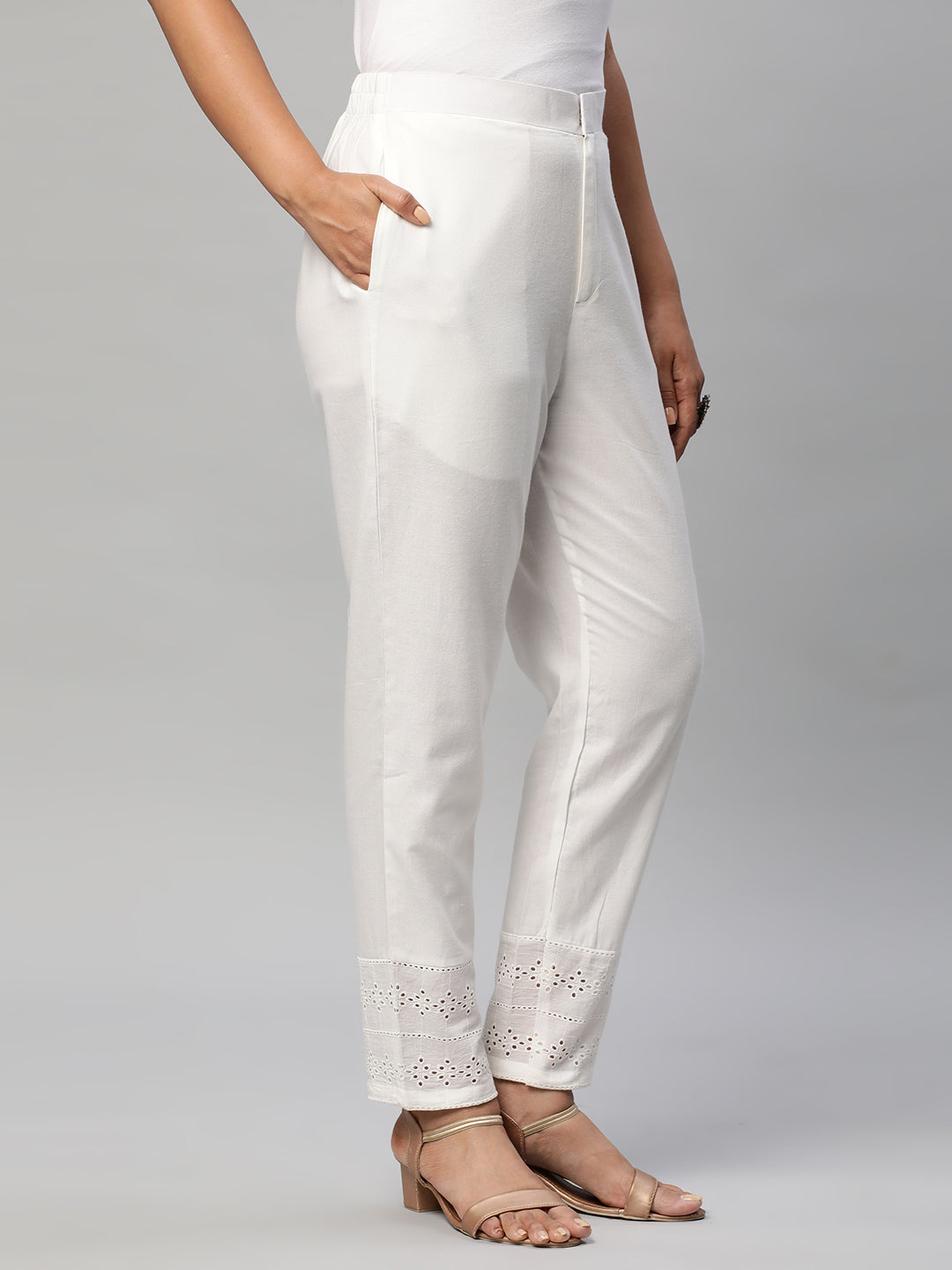 Cotton Pencil pant with schiffli detailing in hem(White)