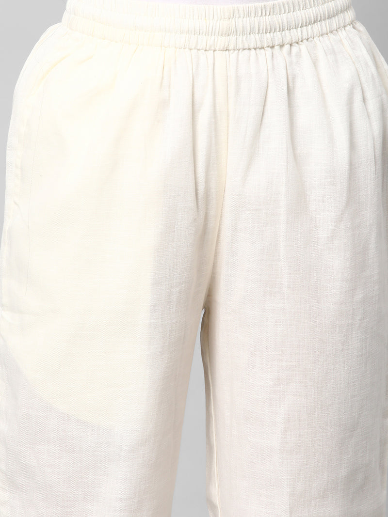 A fully elasticated off-white ankle length cotton linen pant.